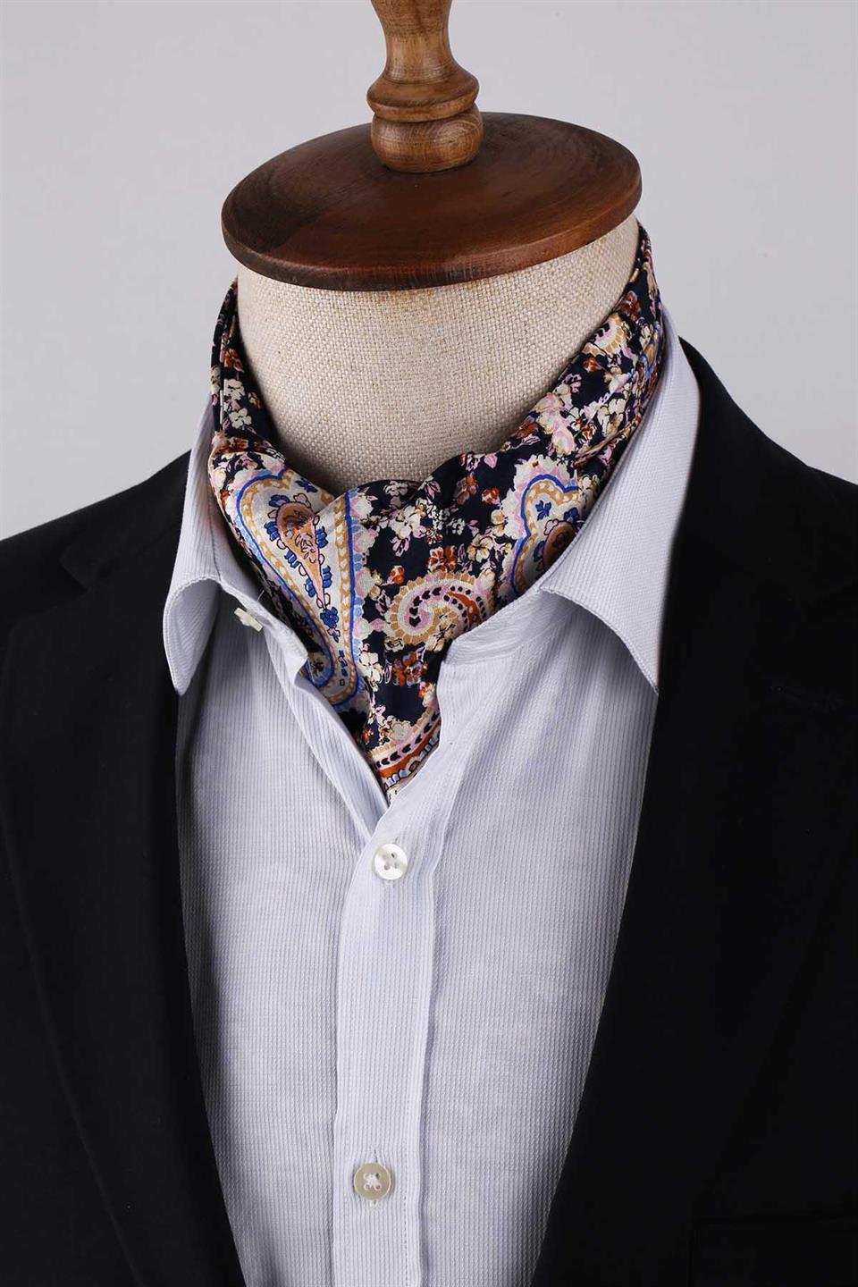 Şal - Çiçek Desenli Lacivert İtalyan İpek Ascot Kravat SAC17