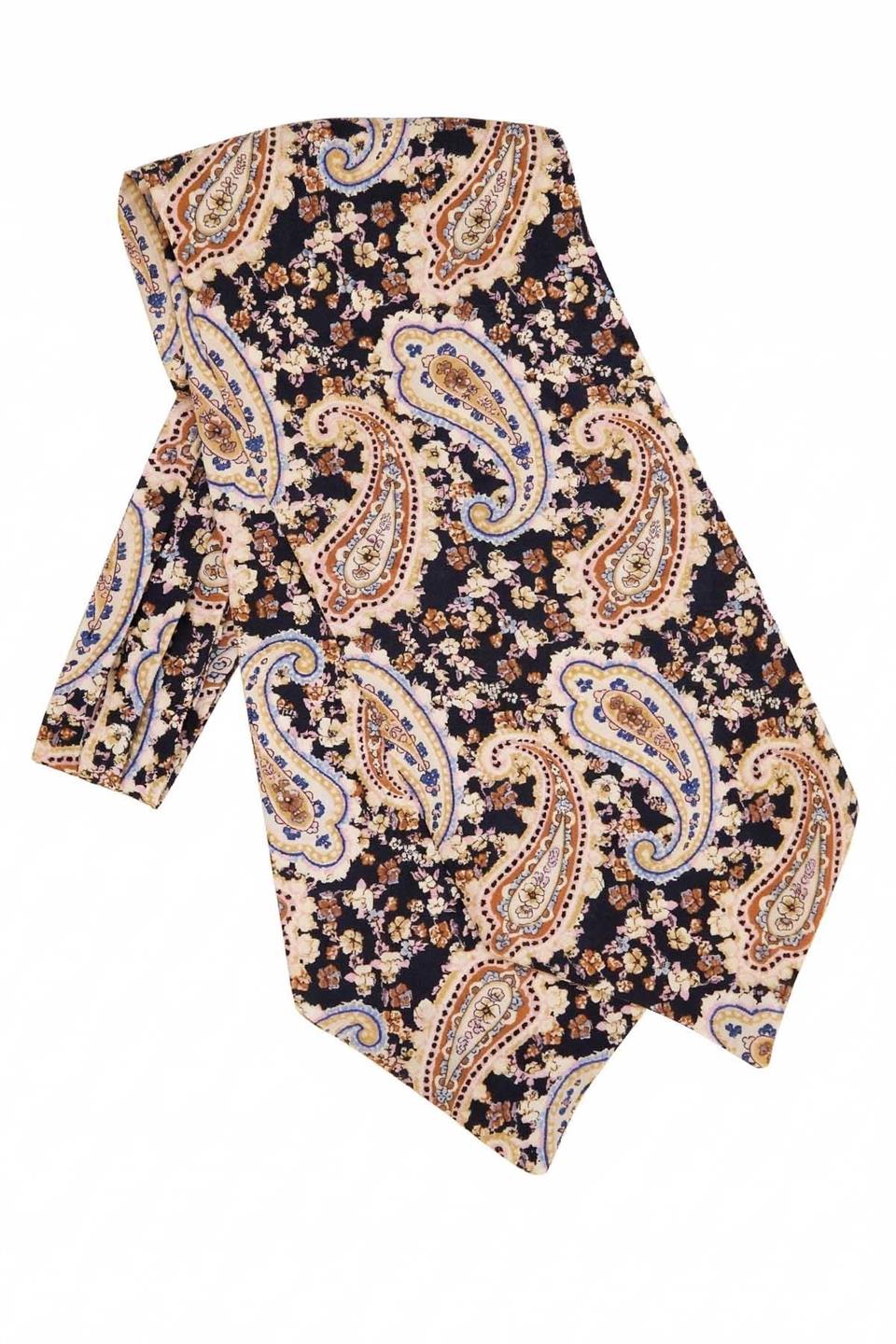 Şal - Çiçek Desenli Lacivert İtalyan İpek Ascot Kravat SAC17