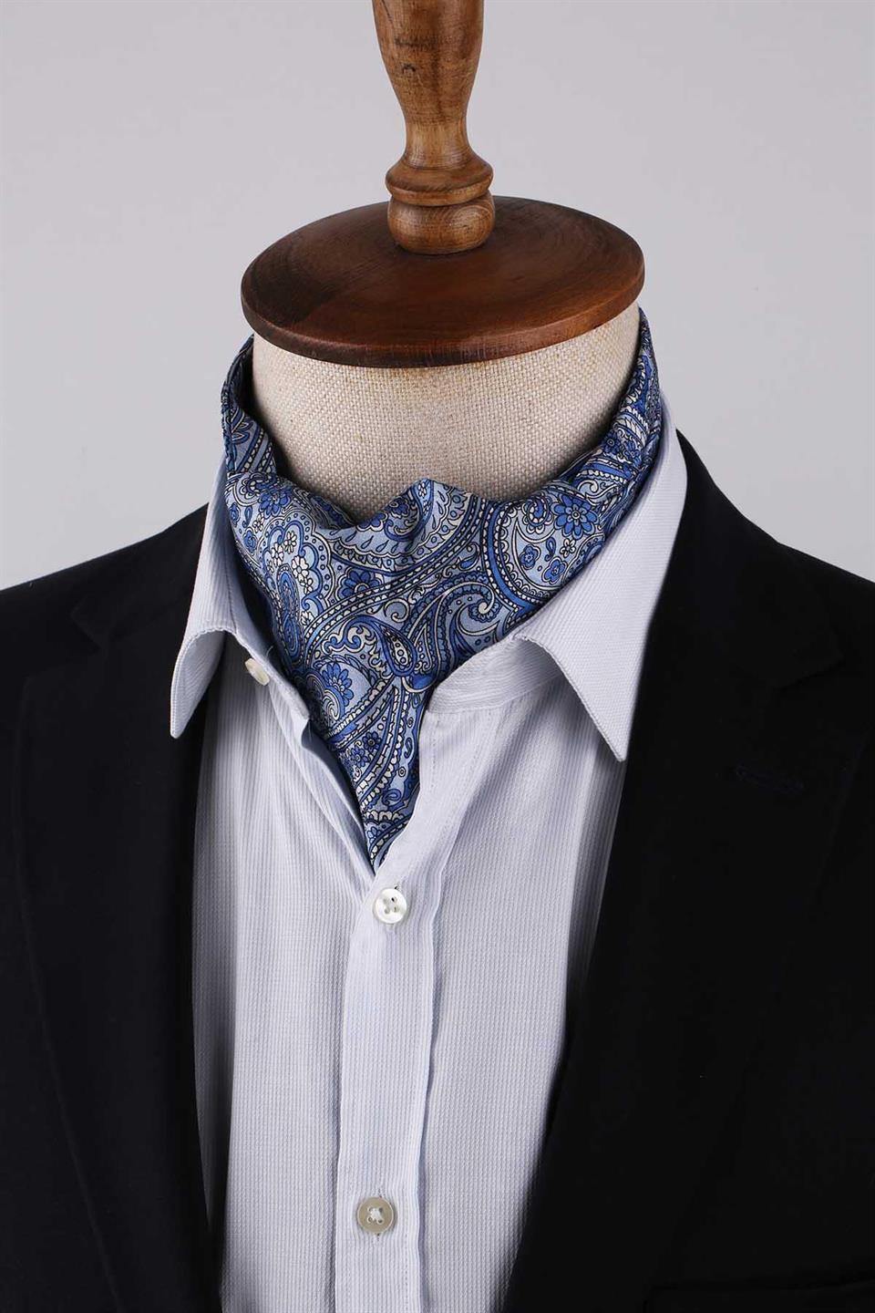 Şal Desen Açık Mavi İtalyan İpek Ascot Kravat SAC47