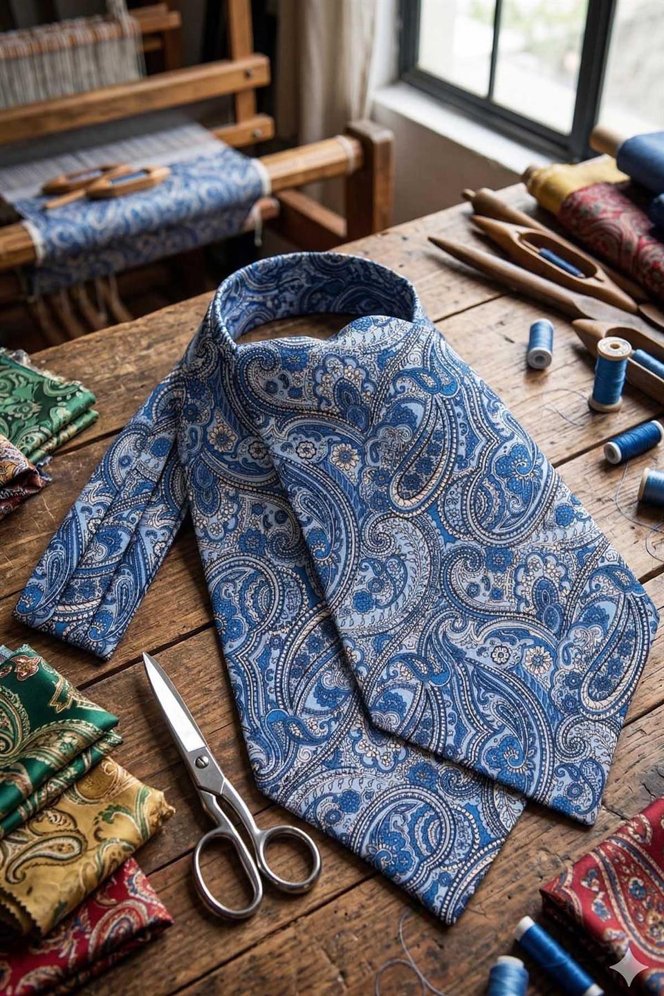 Şal Desen Açık Mavi İtalyan İpek Ascot Kravat SAC47