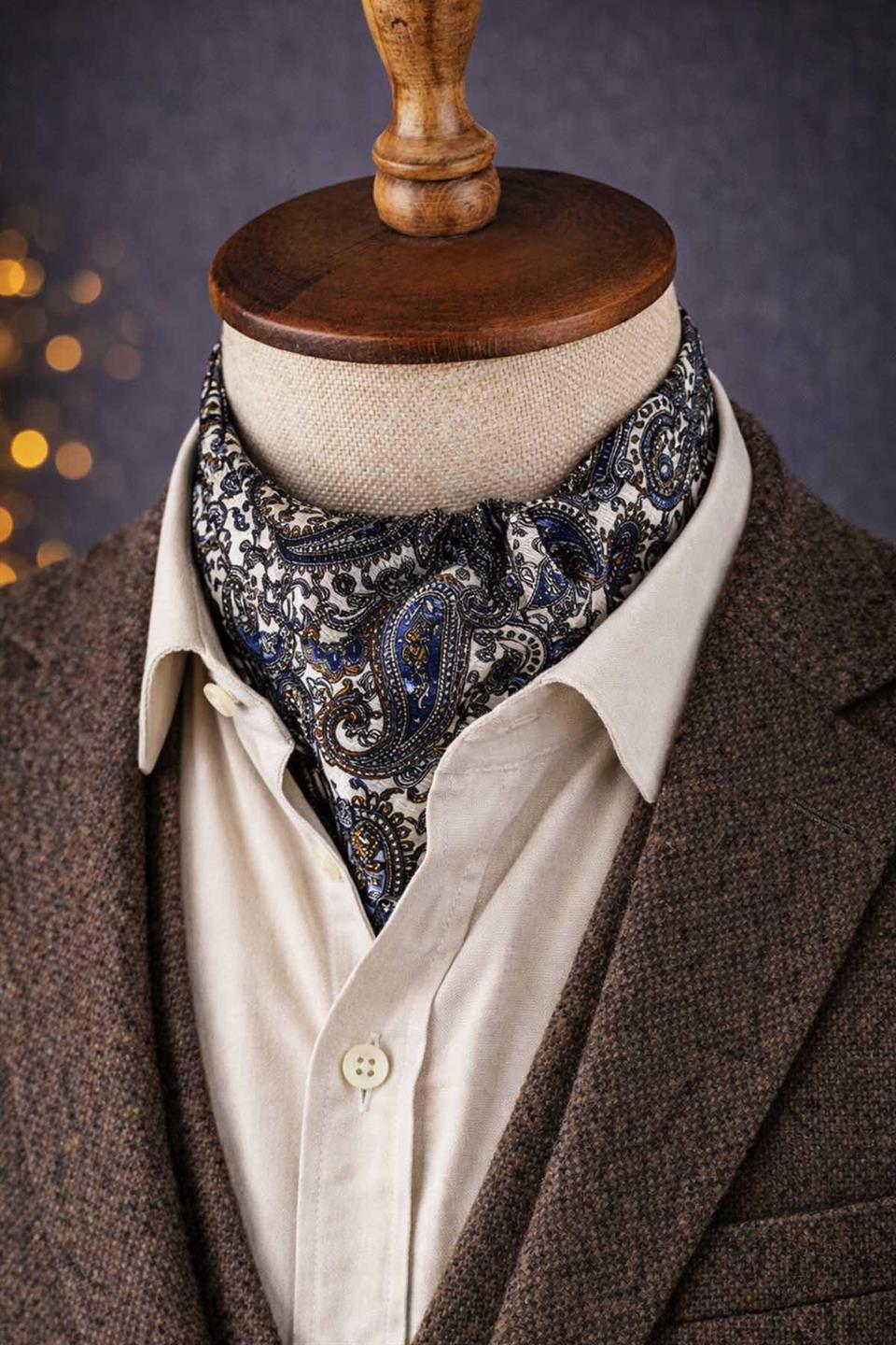 Şal Desen Beyaz - Çok Renkli İtalyan İpek Ascot Kravat SAC60