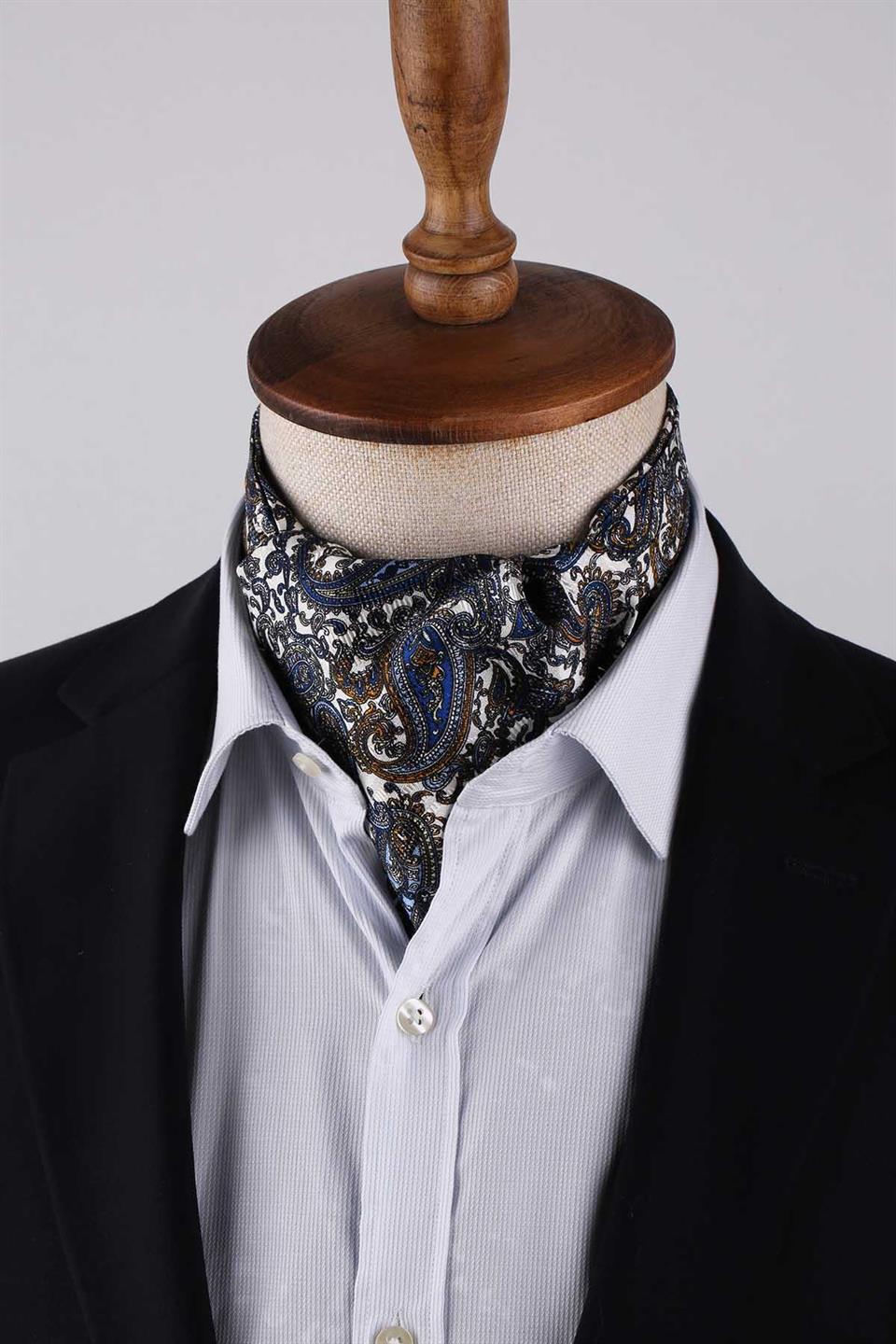 Şal Desen Beyaz - Çok Renkli İtalyan İpek Ascot Kravat SAC60