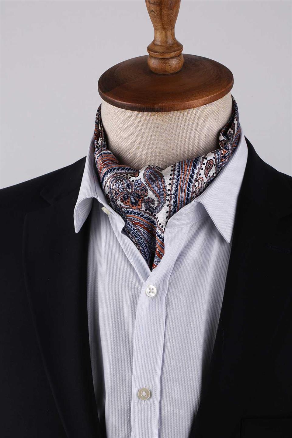 Şal Desen Beyaz İtalyan İpek Ascot Kravat SAC64