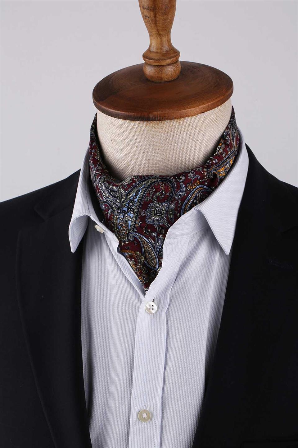 Şal Desen Bordo İtalyan İpek Ascot Kravat SAC62