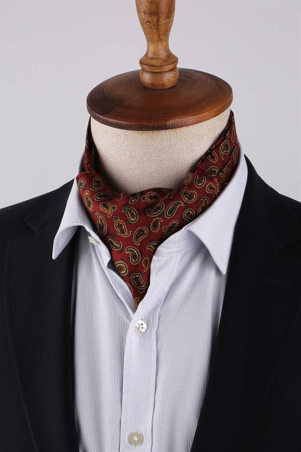 Şal Desen Bordo İtalyan İpek Ascot Kravat SAC45