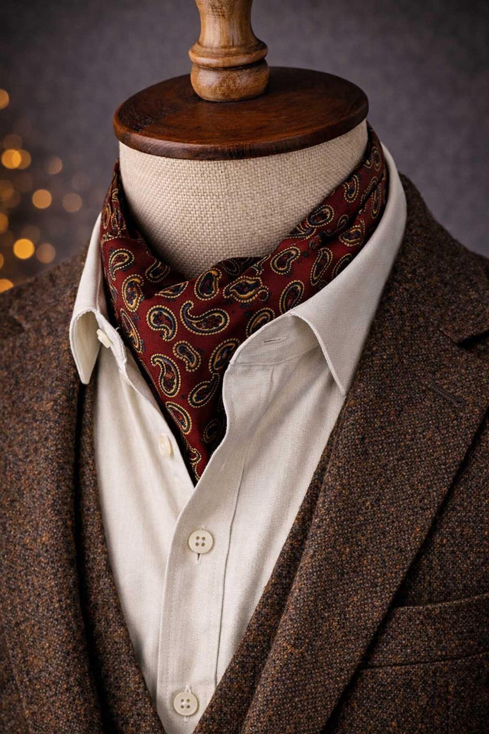 Şal Desen Bordo İtalyan İpek Ascot Kravat SAC45