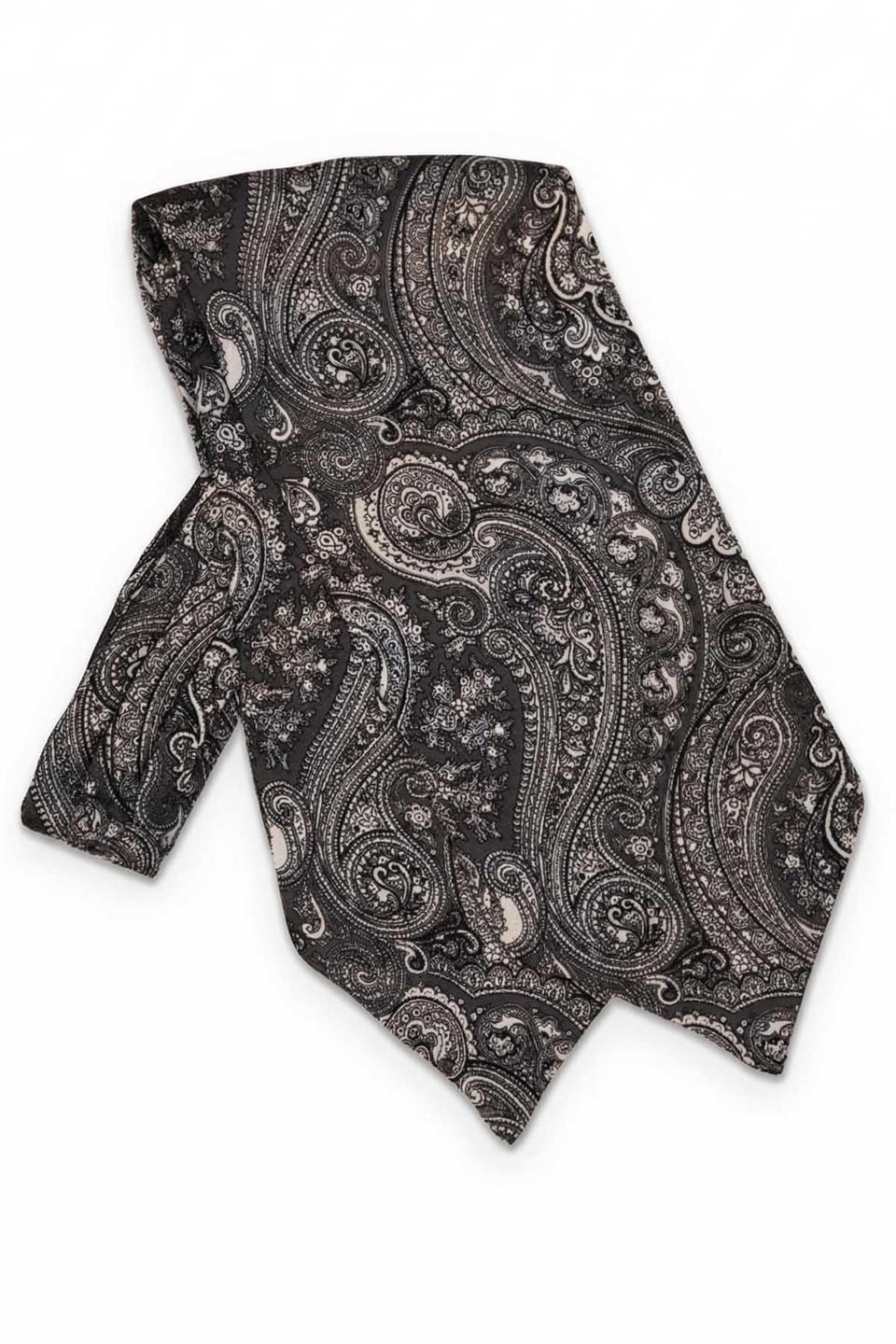 Şal Desen Füme - Beyaz İtalyan İpek Ascot Kravat SAC52