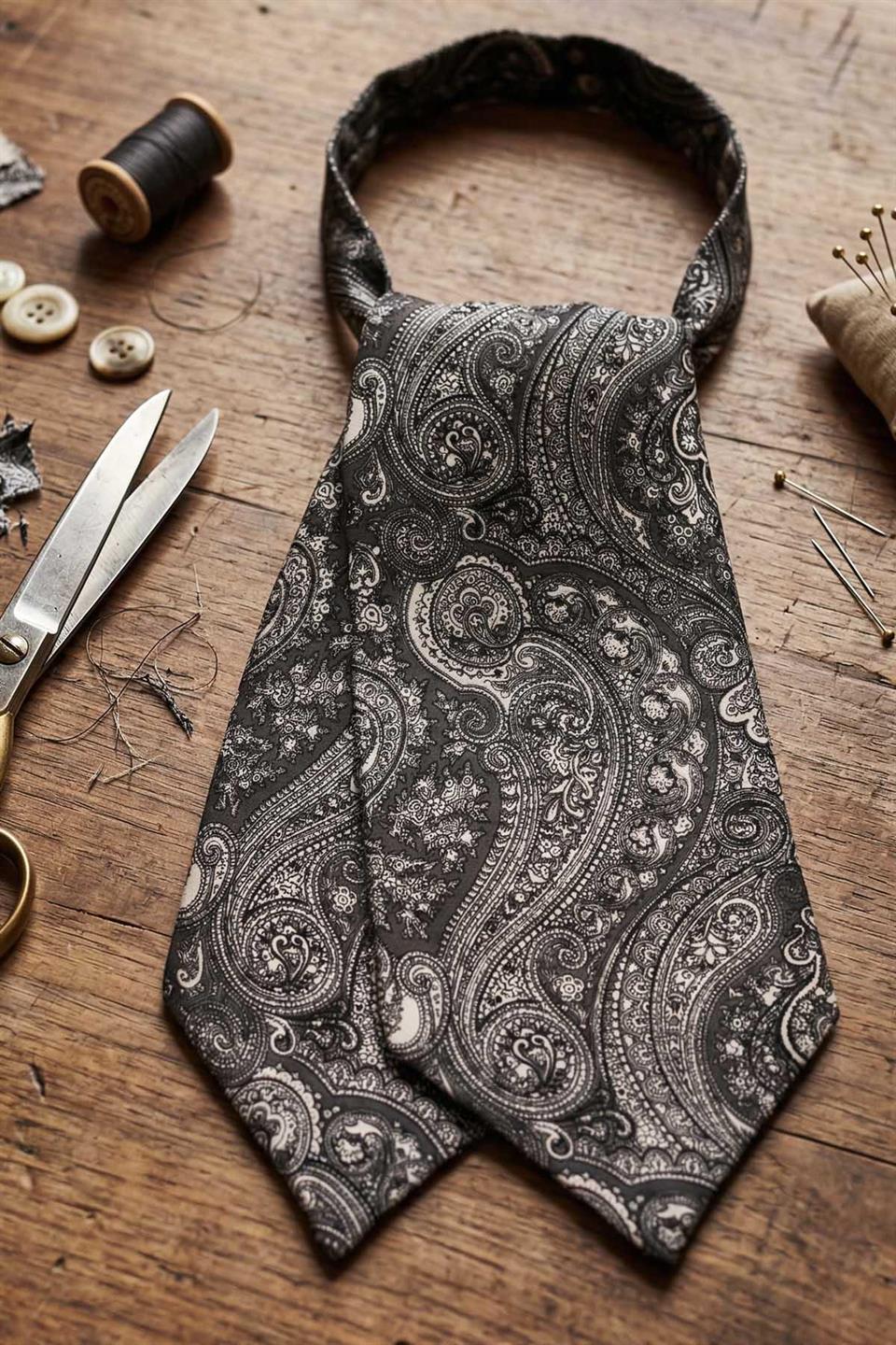 Şal Desen Füme - Beyaz İtalyan İpek Ascot Kravat SAC52