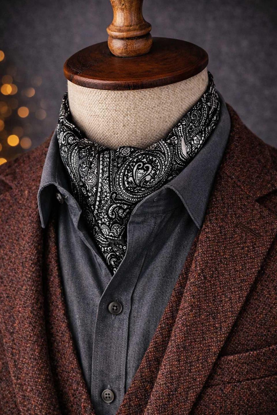Şal Desen Füme - Beyaz İtalyan İpek Ascot Kravat SAC52