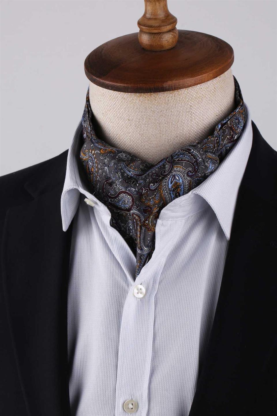 Şal Desen Füme İtalyan İpek Ascot Kravat SAC38