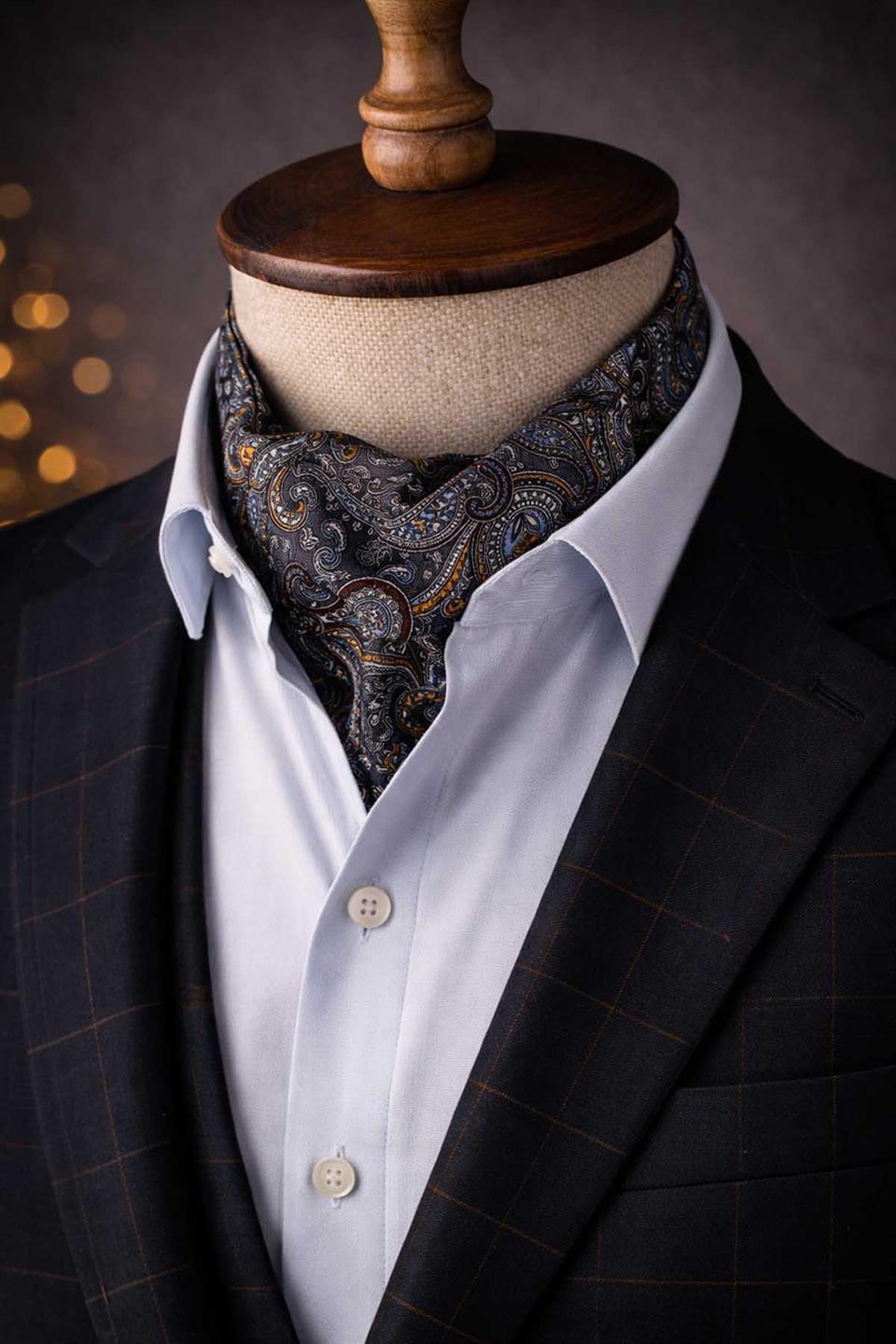 Şal Desen Füme İtalyan İpek Ascot Kravat SAC38