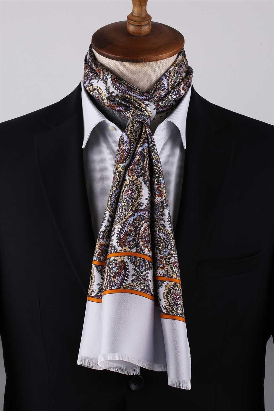 Şal Desen Gri - Mavi İtalyan İpek Ascot Kravat SAC04