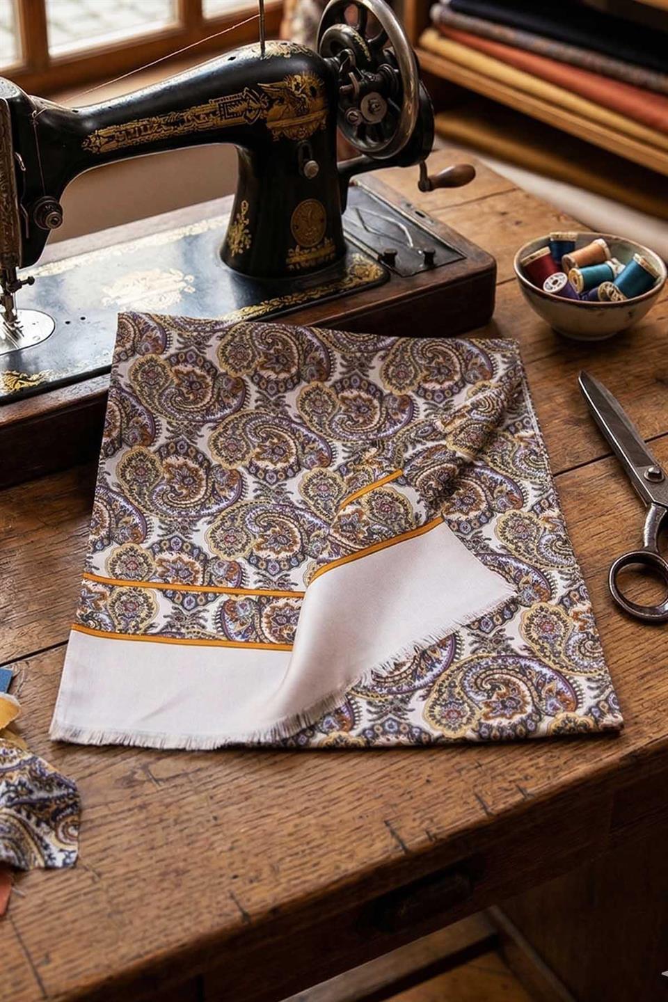 Şal Desen Gri - Mavi İtalyan İpek Ascot Kravat SAC04