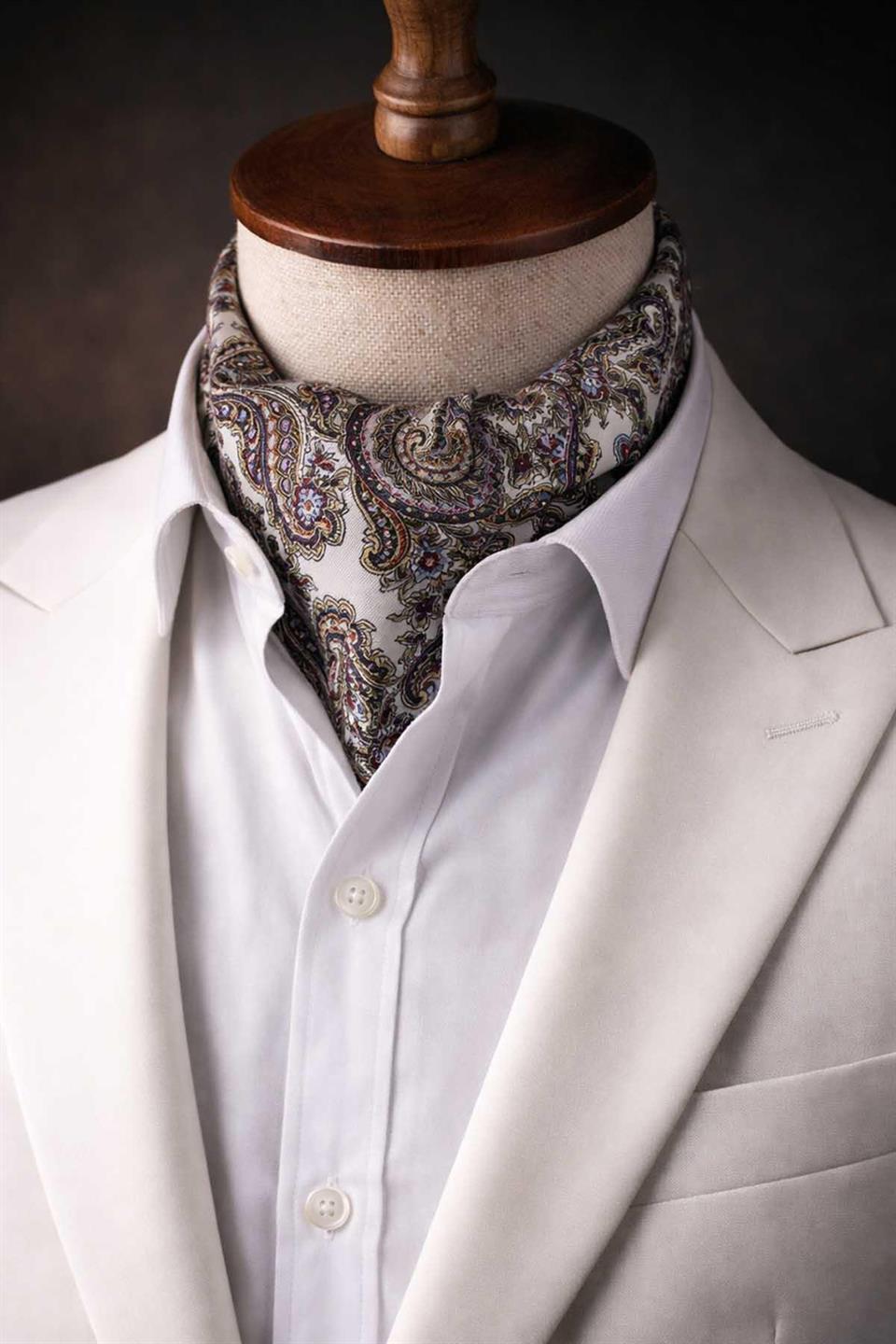 Şal Desen Gri - Mavi İtalyan İpek Ascot Kravat SAC04