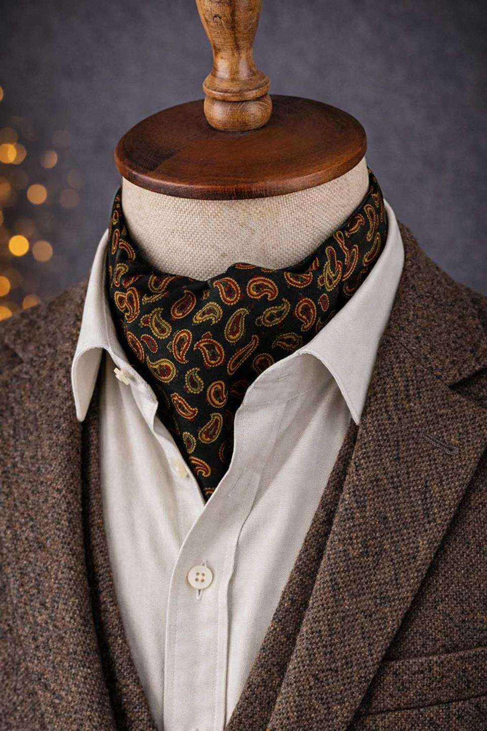 Şal Desen Koyu Yeşil İtalyan İpek Ascot Kravat SAC59