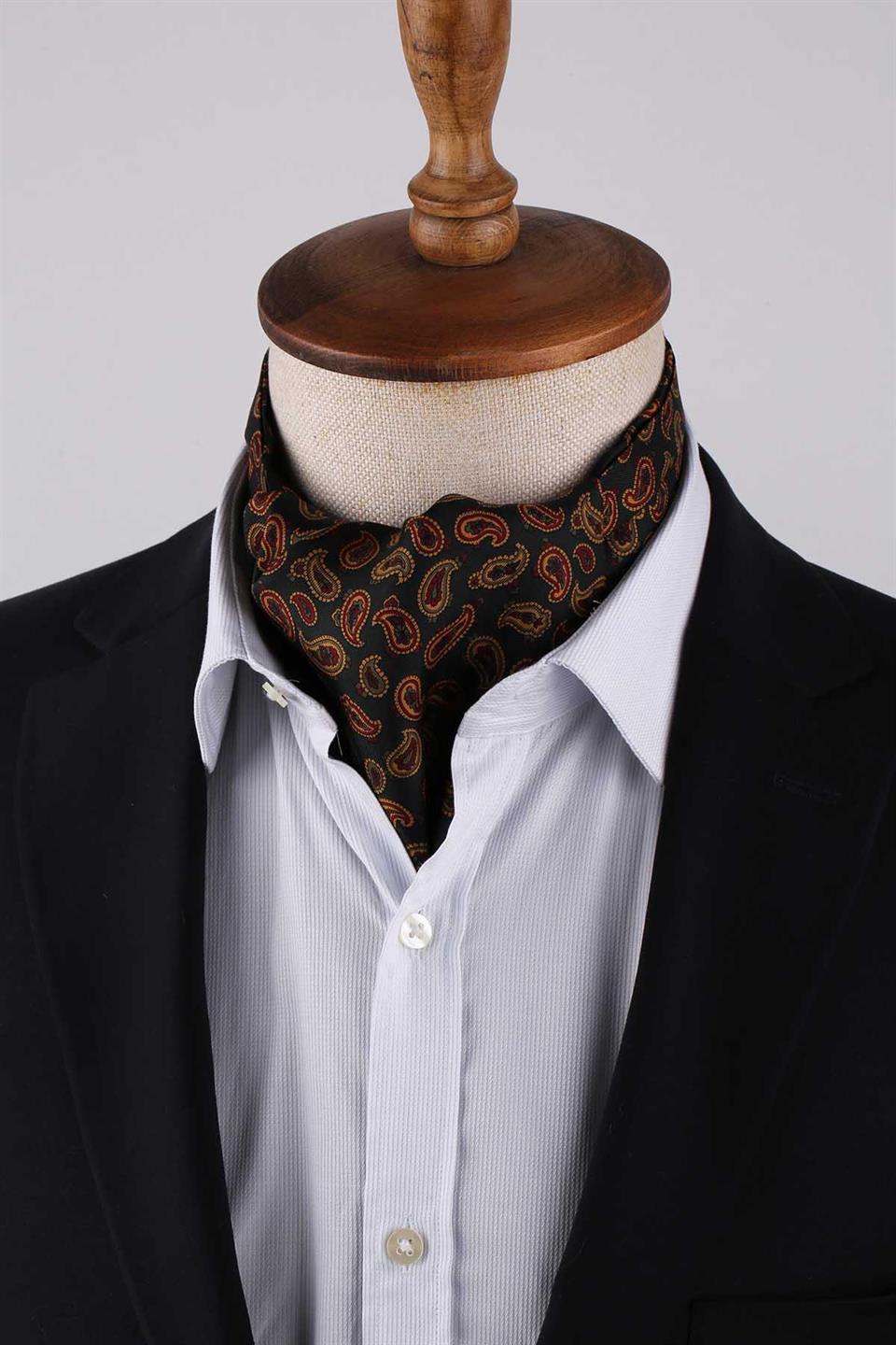 Şal Desen Koyu Yeşil İtalyan İpek Ascot Kravat SAC59