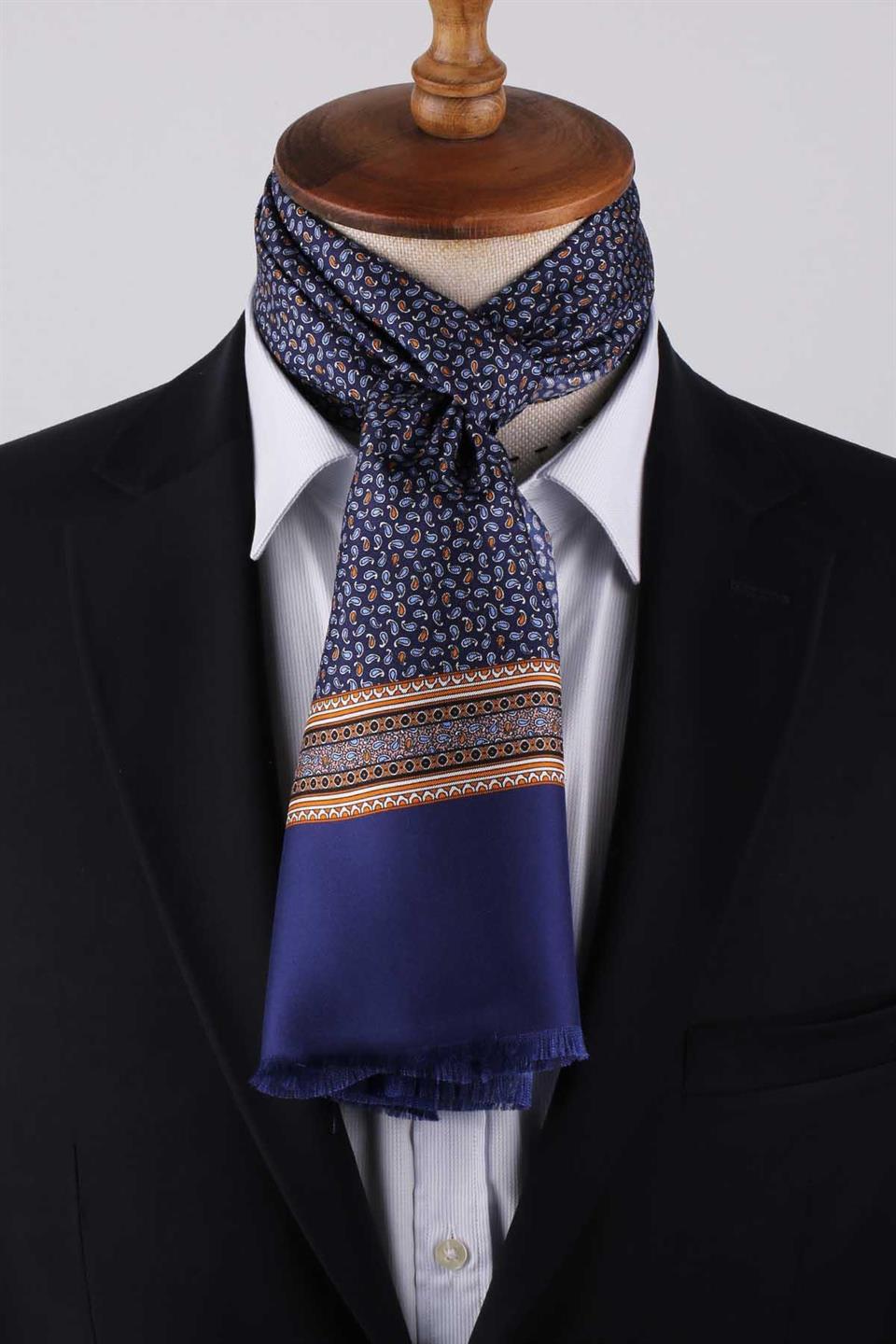 Şal Desen Lacivert İtalyan İpek Ascot Kravat SAC03