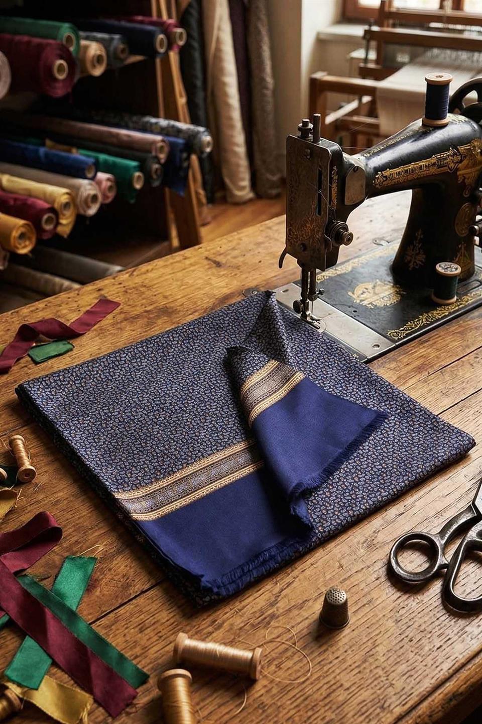 Şal Desen Lacivert İtalyan İpek Ascot Kravat SAC03