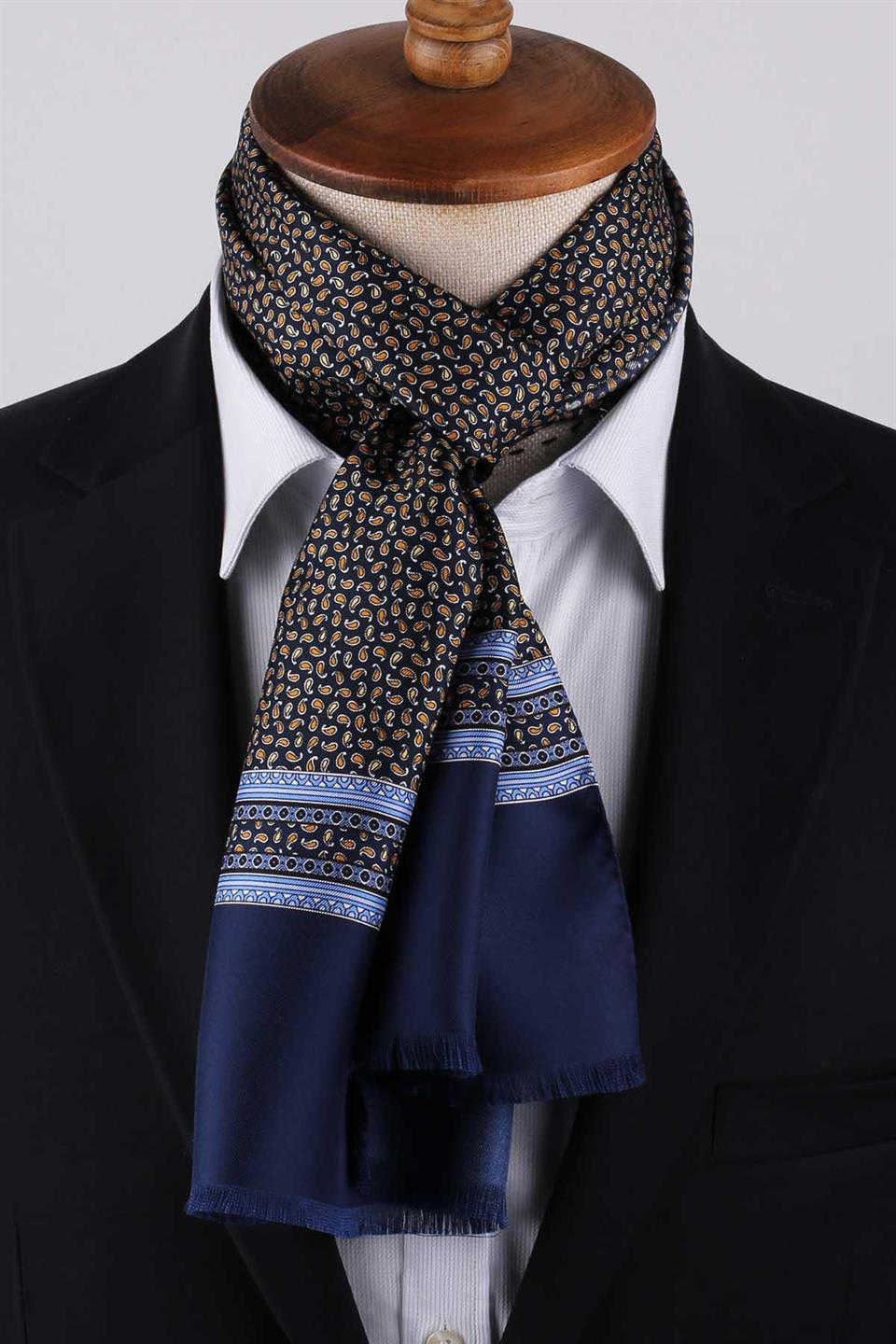 Şal Desen Lacivert - Sarı İtalyan İpek Ascot Kravat SAC07