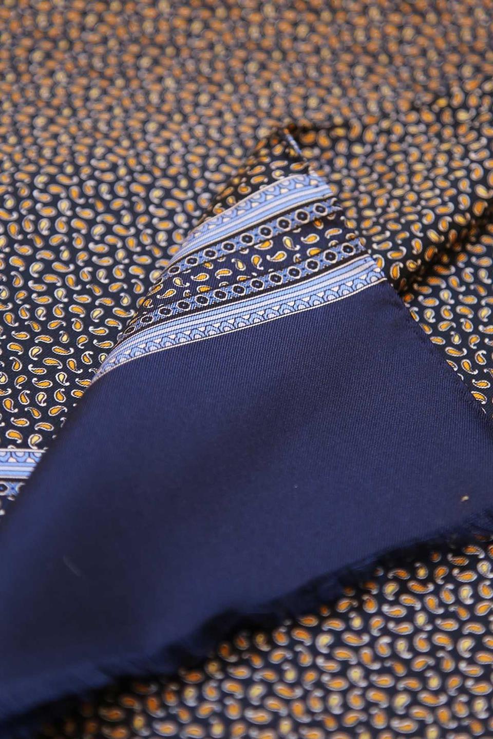 Şal Desen Lacivert - Sarı İtalyan İpek Ascot Kravat SAC07