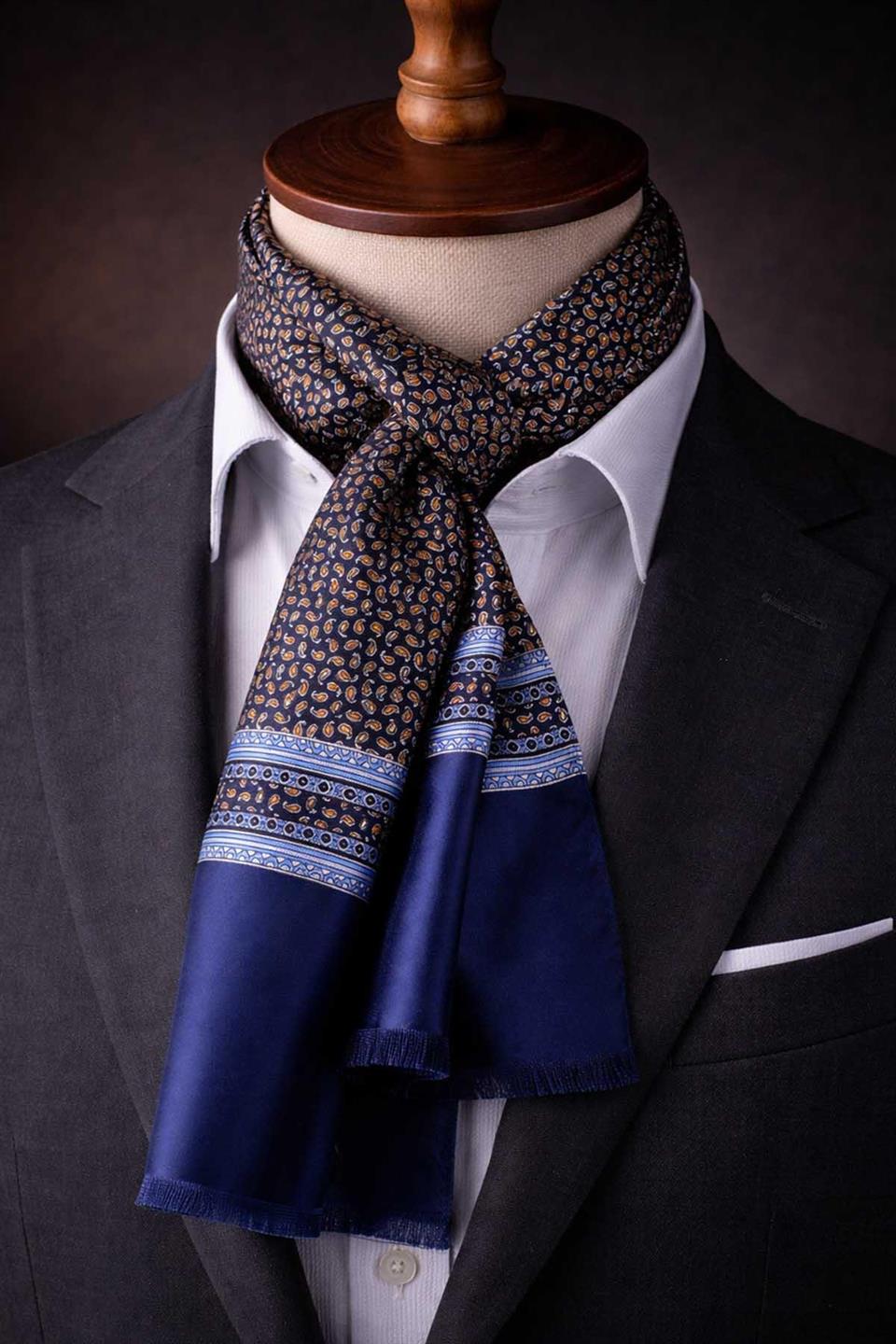 Şal Desen Lacivert - Sarı İtalyan İpek Ascot Kravat SAC07