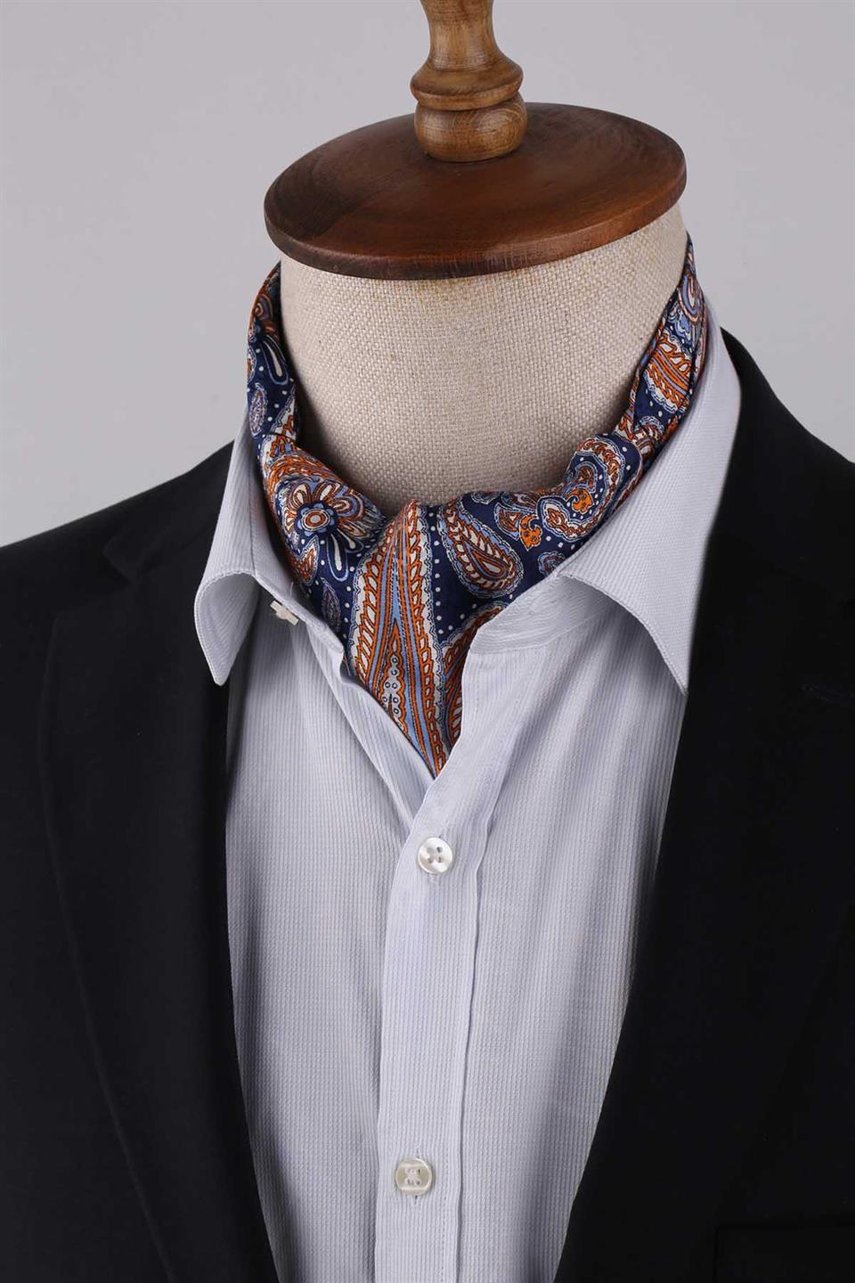 Şal Desen Lacivert - Turuncu İtalyan İpek Ascot Kravat SAC22