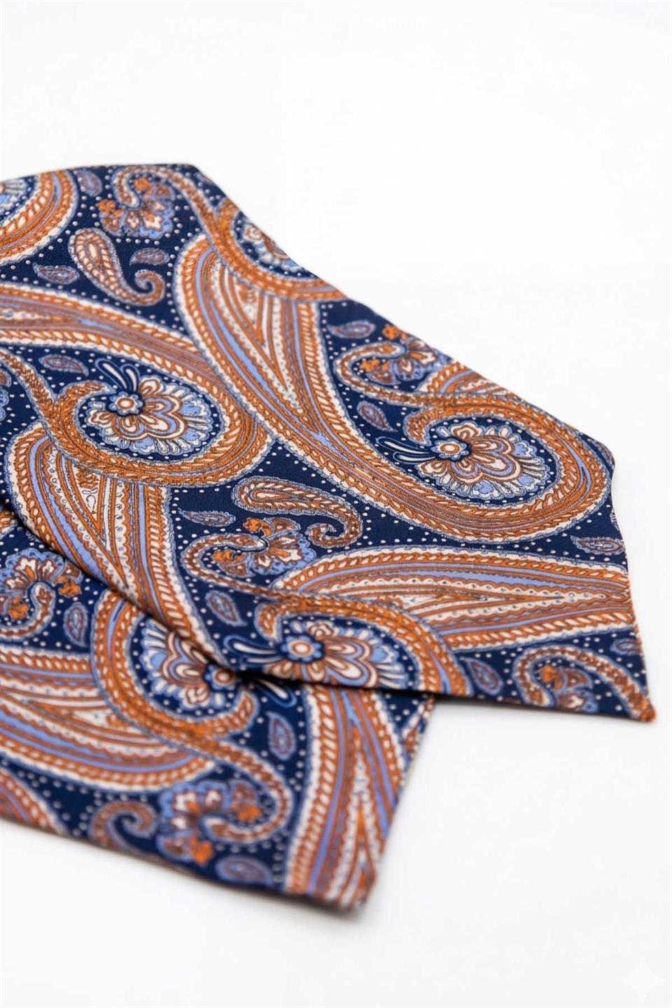 Şal Desen Lacivert - Turuncu İtalyan İpek Ascot Kravat SAC22