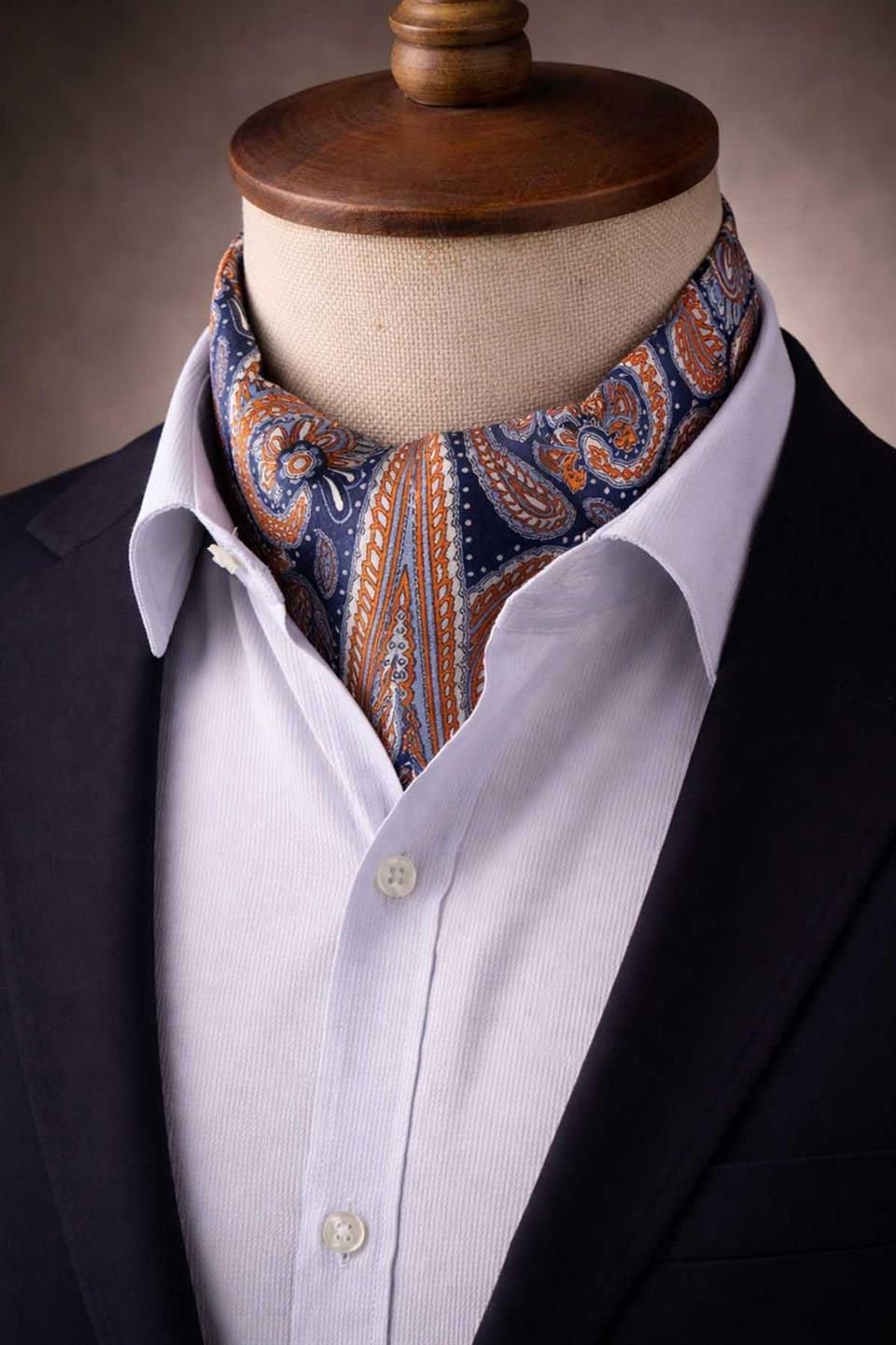 Şal Desen Lacivert - Turuncu İtalyan İpek Ascot Kravat SAC22