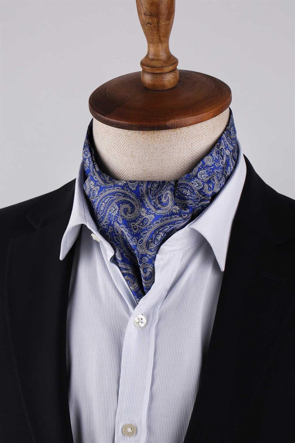 Şal Desen Mavi İtalyan İpek Ascot Kravat SAC35