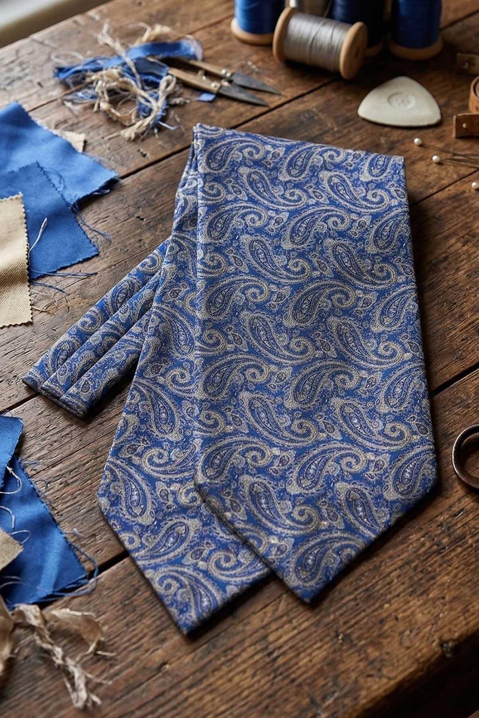 Şal Desen Mavi İtalyan İpek Ascot Kravat SAC35