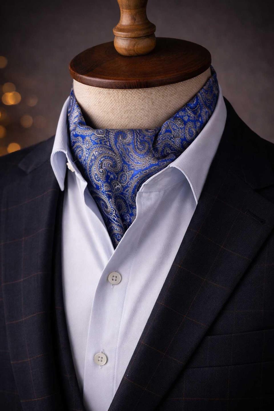 Şal Desen Mavi İtalyan İpek Ascot Kravat SAC35