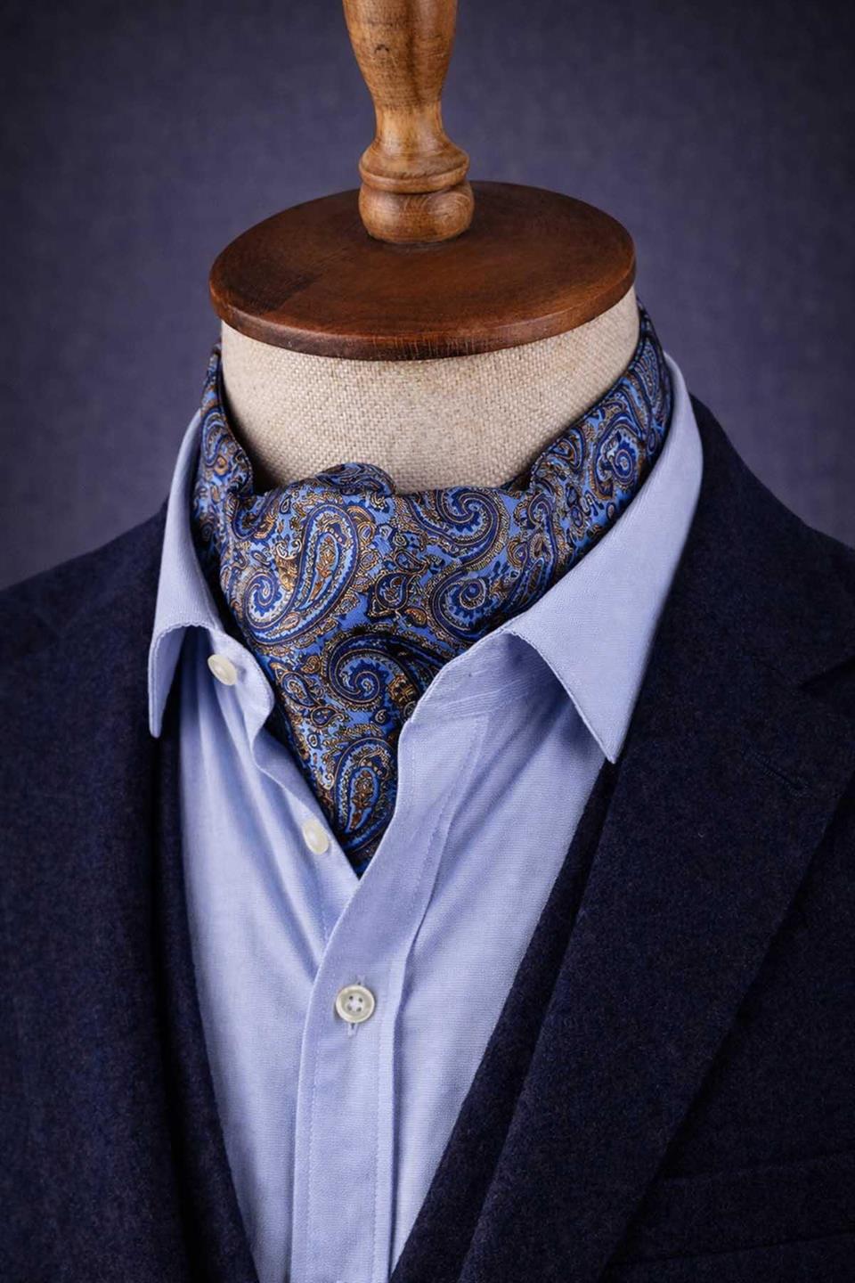 Şal Desen Mavi - Sarı İtalyan İpek Ascot Kravat SAC57