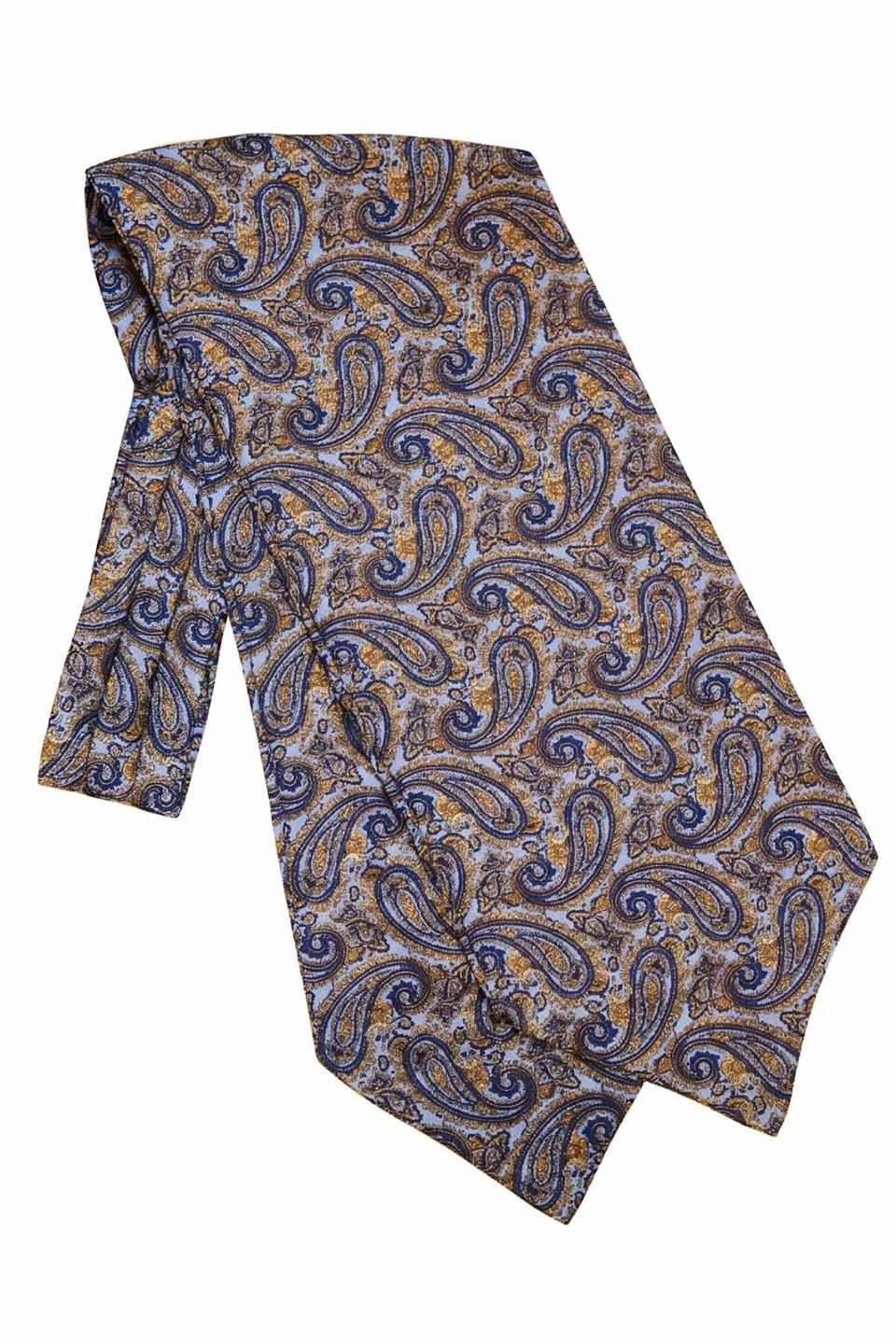 Şal Desen Mavi - Sarı İtalyan İpek Ascot Kravat SAC57