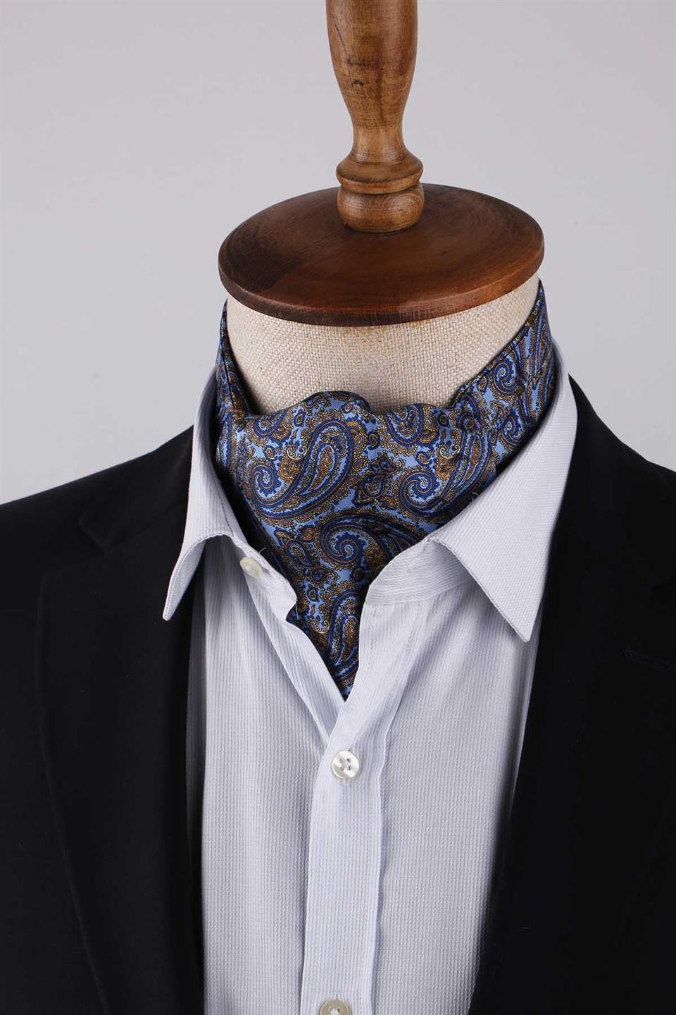 Şal Desen Mavi - Sarı İtalyan İpek Ascot Kravat SAC57
