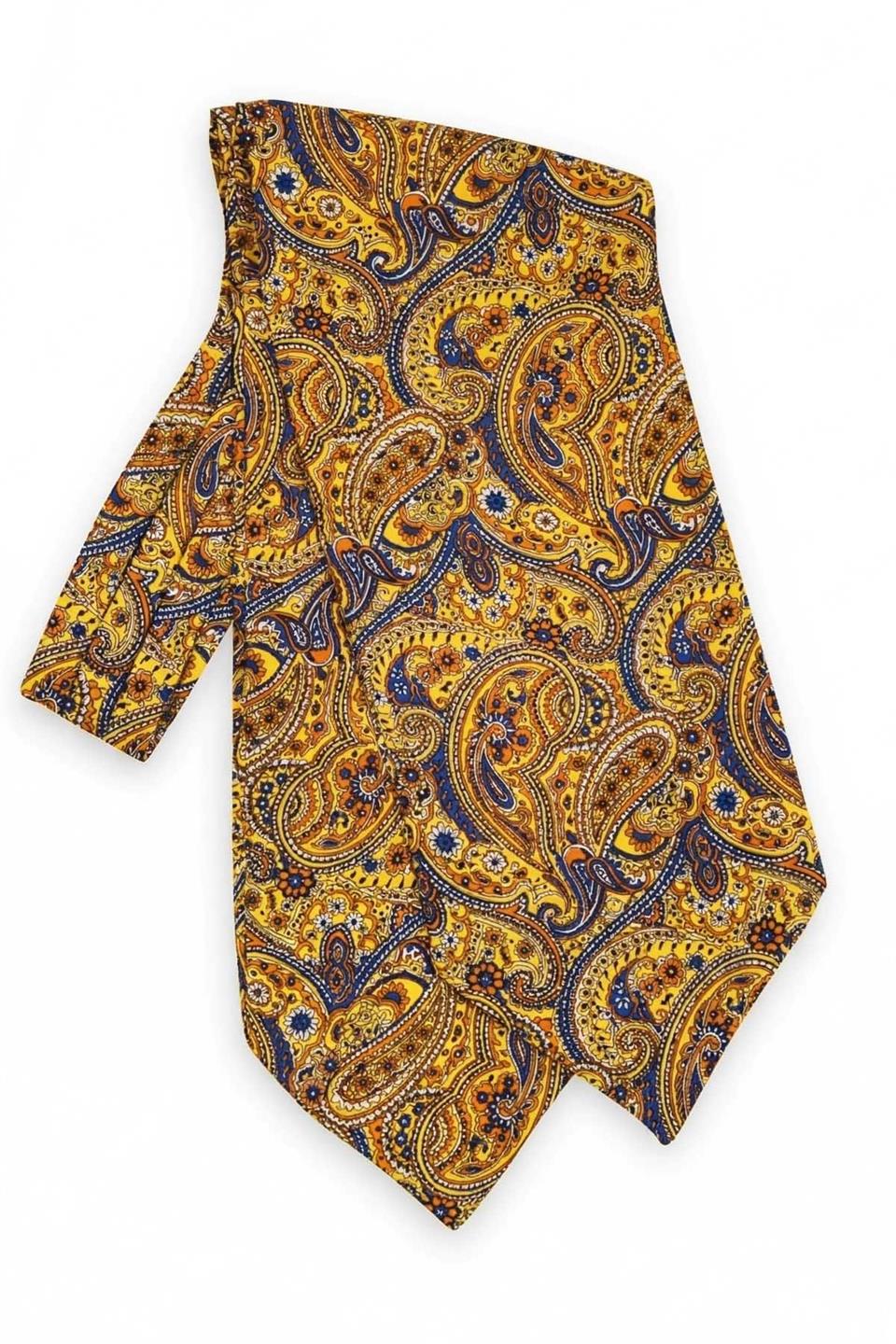 Şal Desen Sarı - Lacivert İtalyan İpek Ascot Kravat SAC55