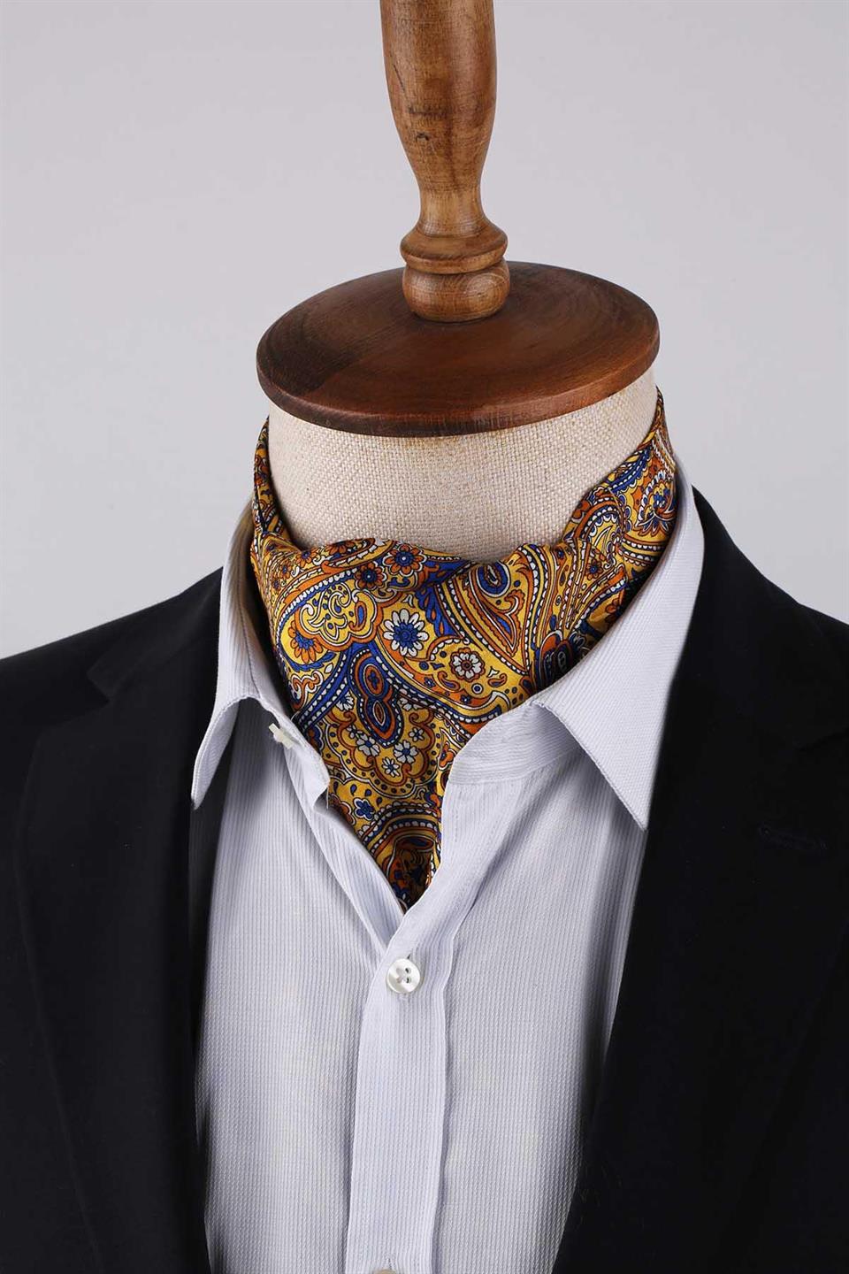Şal Desen Sarı - Lacivert İtalyan İpek Ascot Kravat SAC55