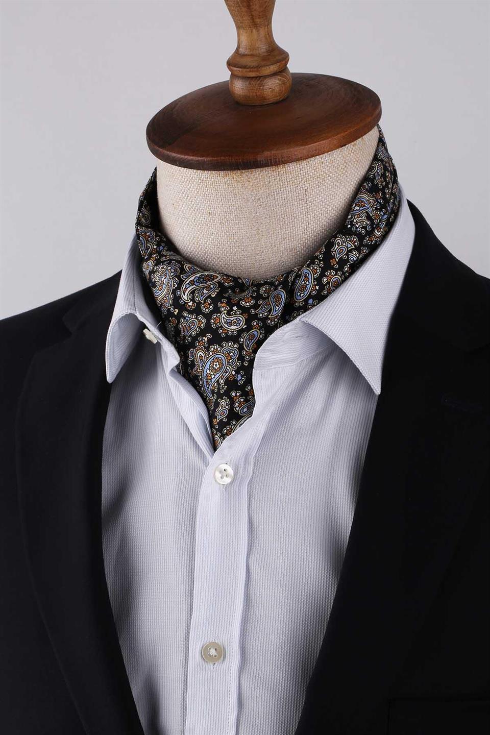 Şal Desen Siyah İtalyan İpek Ascot Kravat SAC13