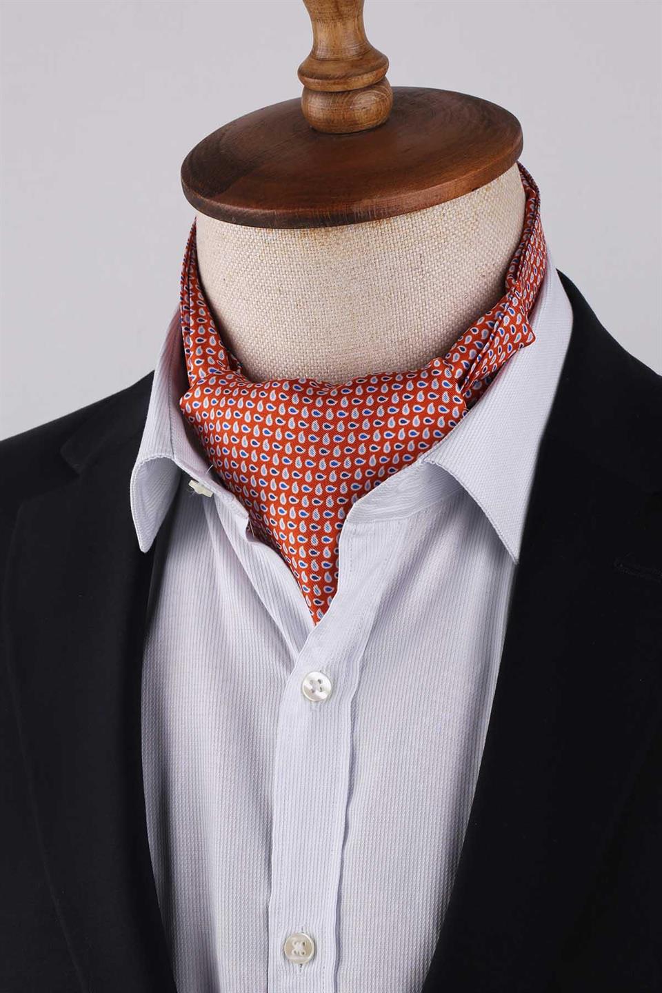 Şal Desen Turuncu İtalyan İpek Ascot Kravat SAC26