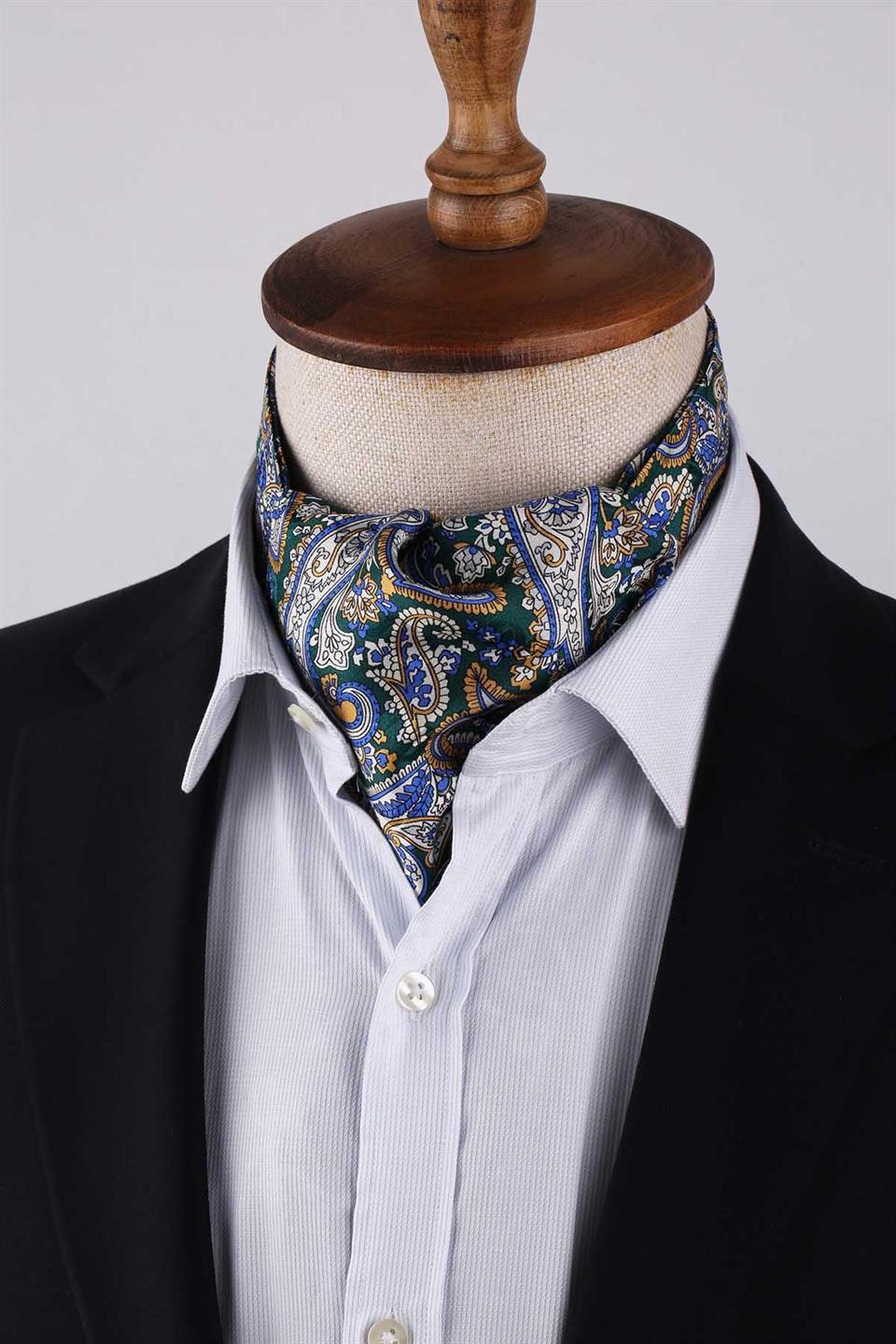 Şal Desen Yeşil - Sarı İtalyan İpek Ascot Kravat SAC31