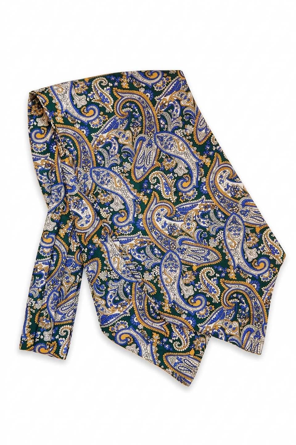 Şal Desen Yeşil - Sarı İtalyan İpek Ascot Kravat SAC31