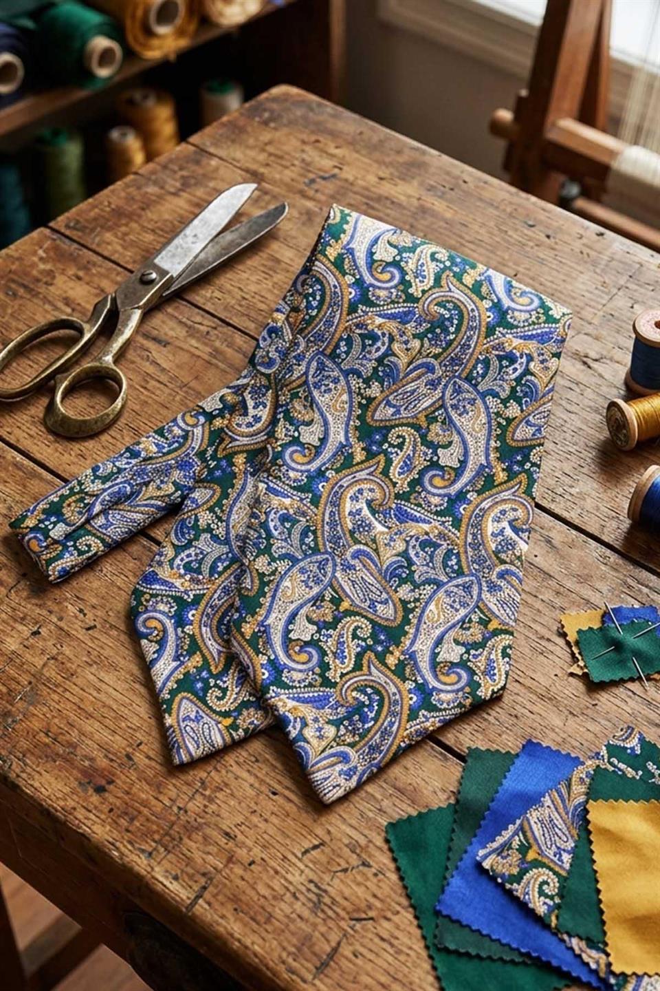 Şal Desen Yeşil - Sarı İtalyan İpek Ascot Kravat SAC31