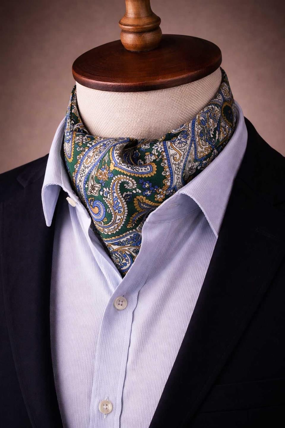 Şal Desen Yeşil - Sarı İtalyan İpek Ascot Kravat SAC31