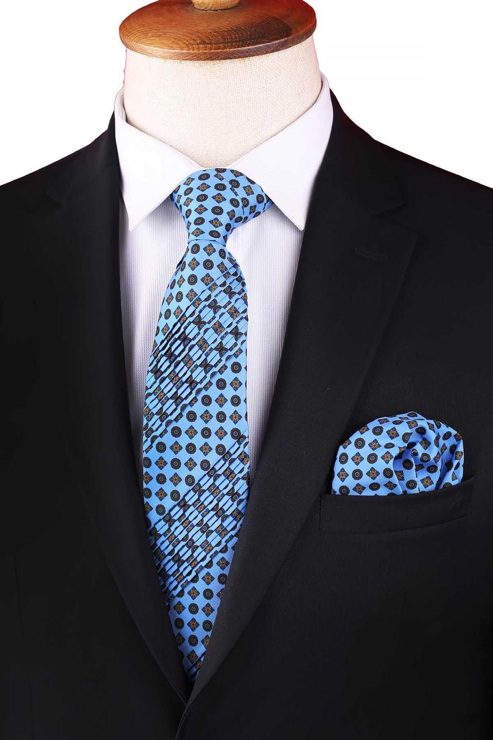 Sambuchi Style Mavi Motif Desen Piliseli Kravat CRK93