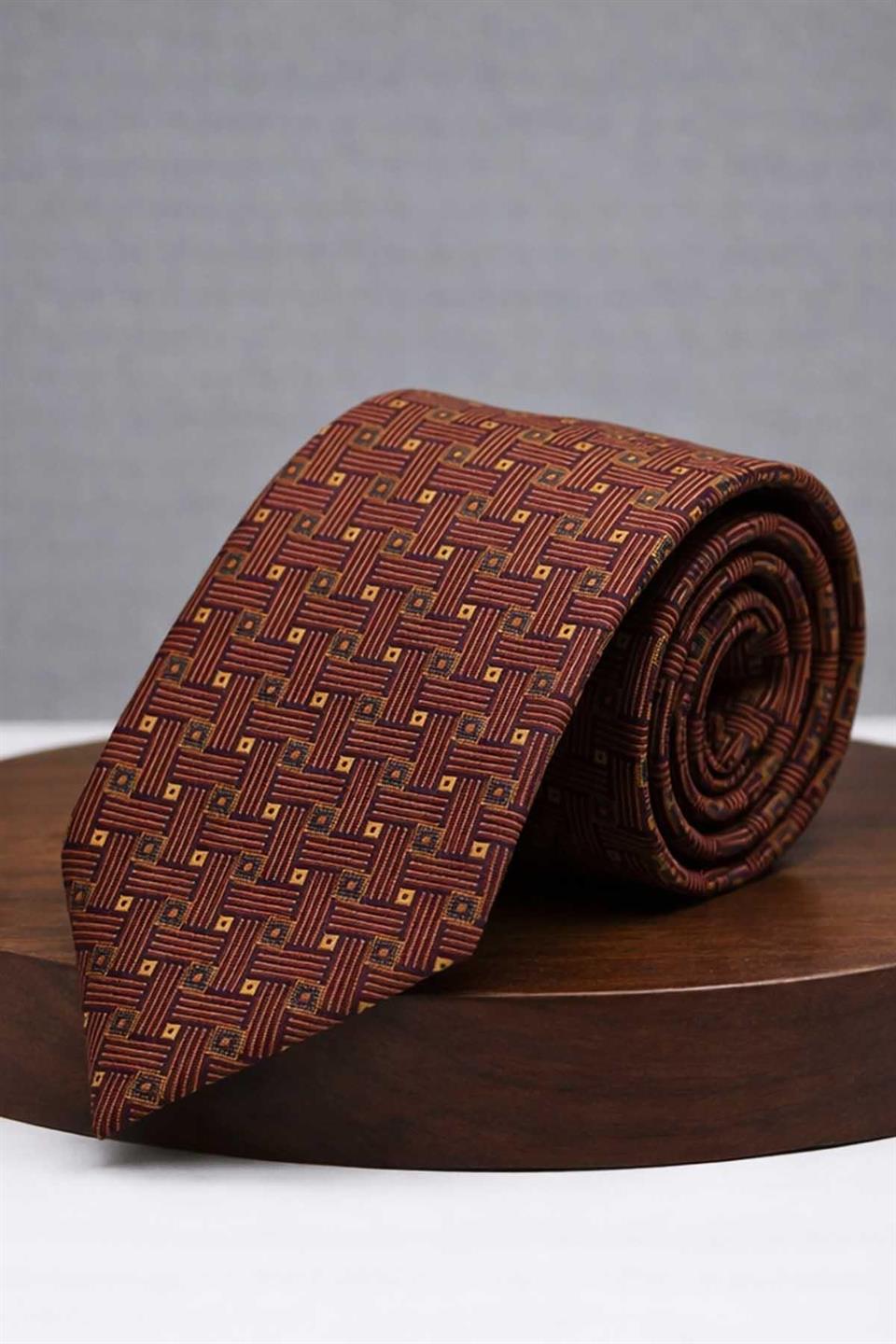 Sarı - Bordo Kare Kravat