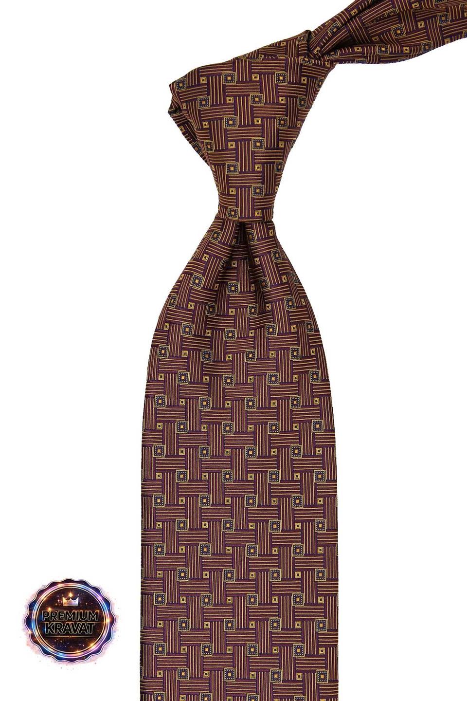 Sarı - Bordo Kare Kravat