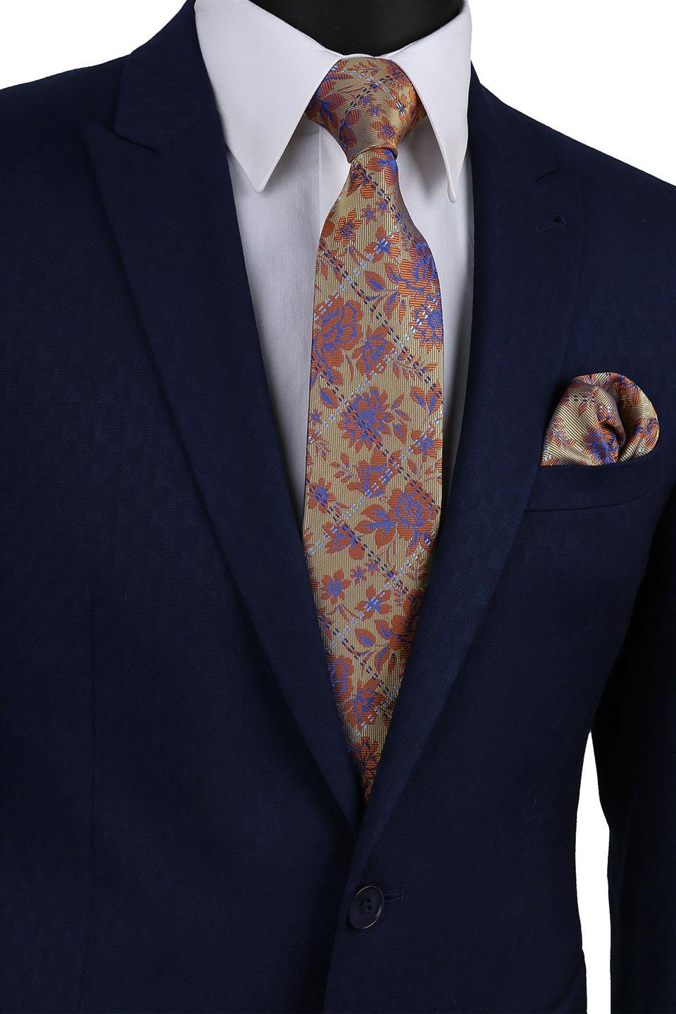 Sarı Çiçek Desen Mendilli Klasik Kravat KK9630