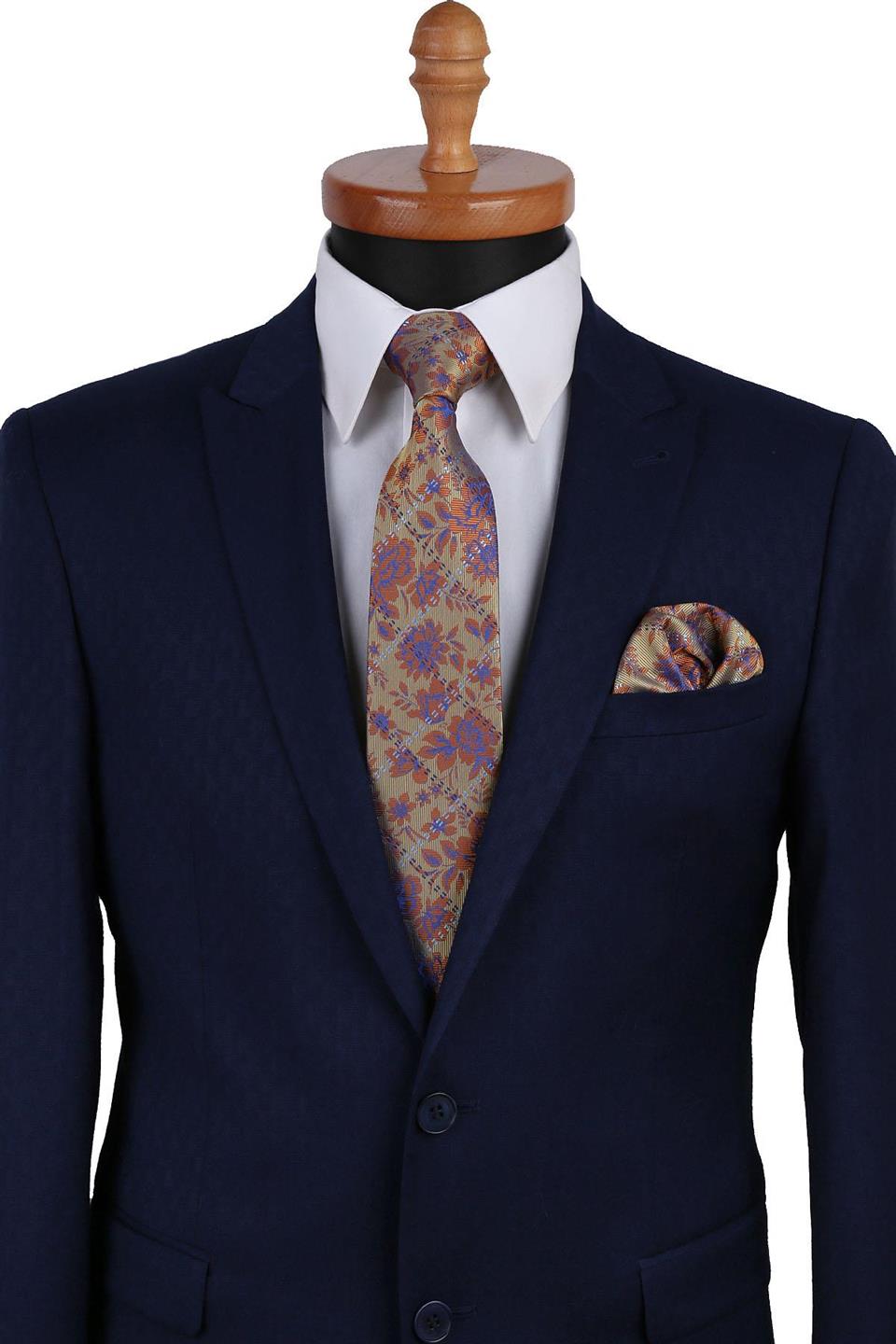 Sarı Çiçek Desen Mendilli Klasik Kravat KK9630