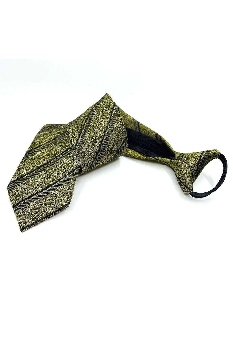 Sarı Çizgi Desen Mendilli Fermuarlı Kravat FRMR04