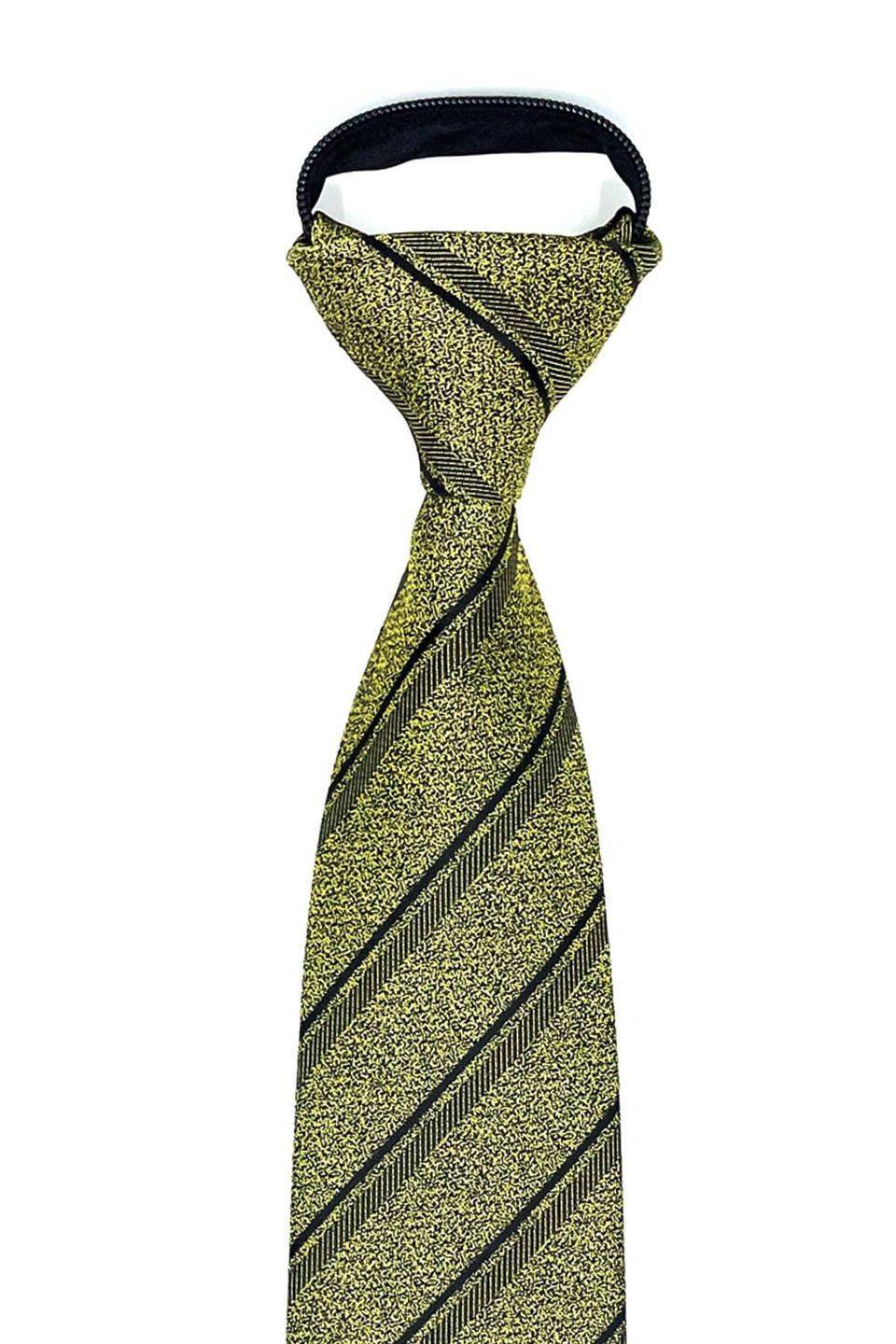 Sarı Çizgi Desen Mendilli Fermuarlı Kravat FRMR04