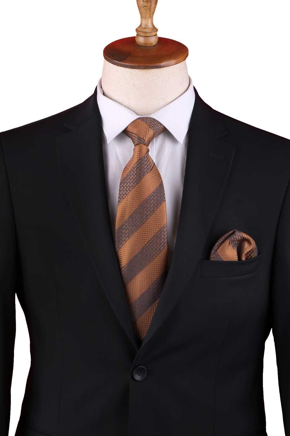 Sarı Çizgi Desen Mendilli Klasik Kravat KK13149